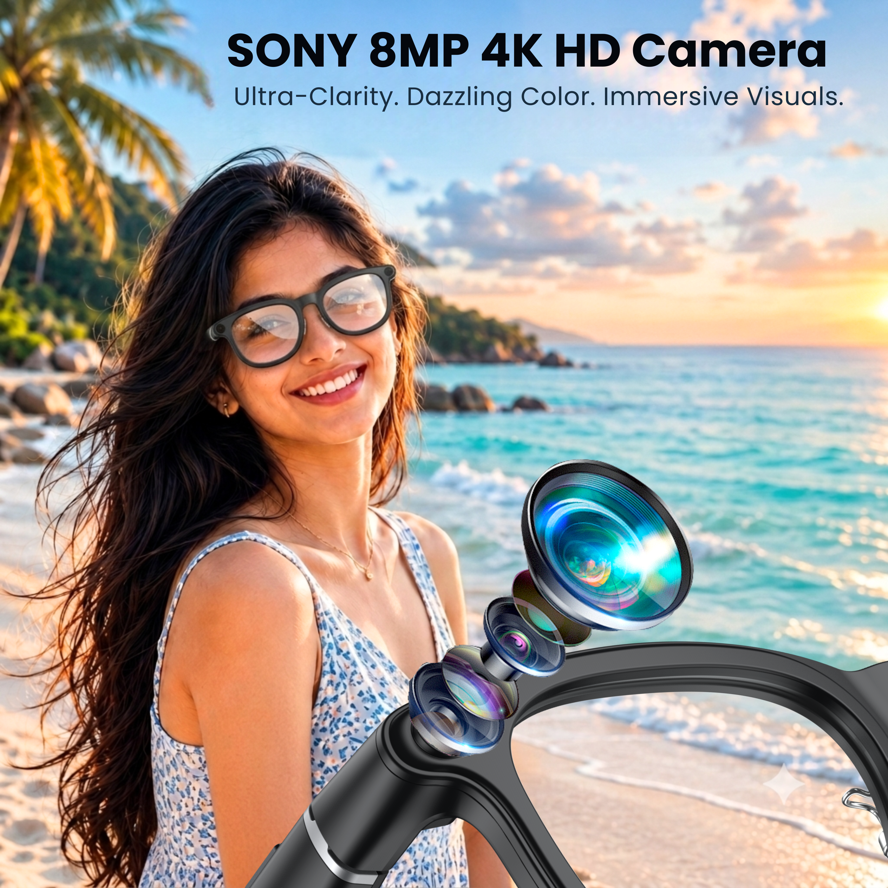 Novita Smart AI Polarised Glasses 8MP Sony Camera Video Recording, Charging Case (Black)