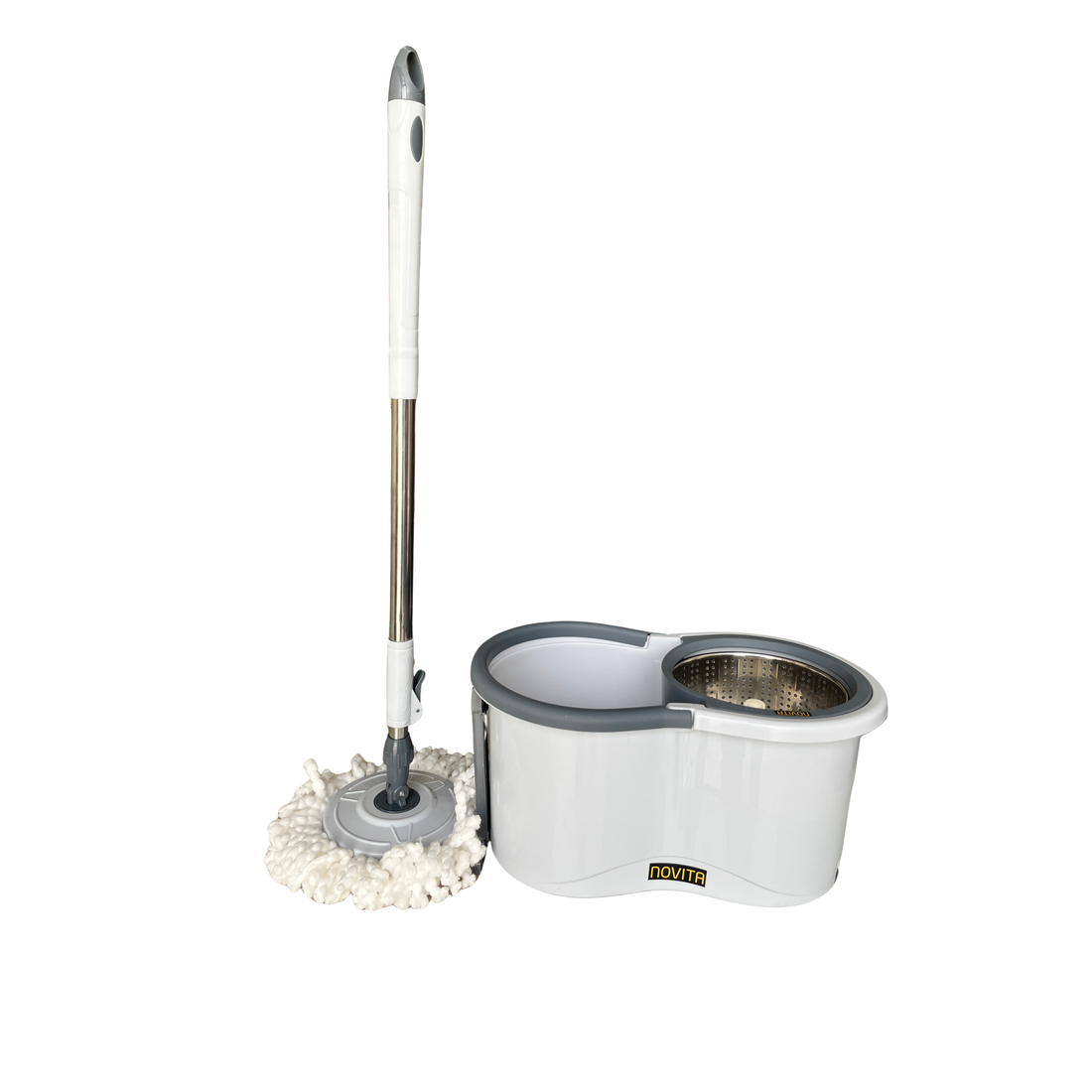 NOVITA 360° Spin Mop Bucket Combo with Steel Handle, Microfiber Refill, Drain System & Wheels – White & Grey