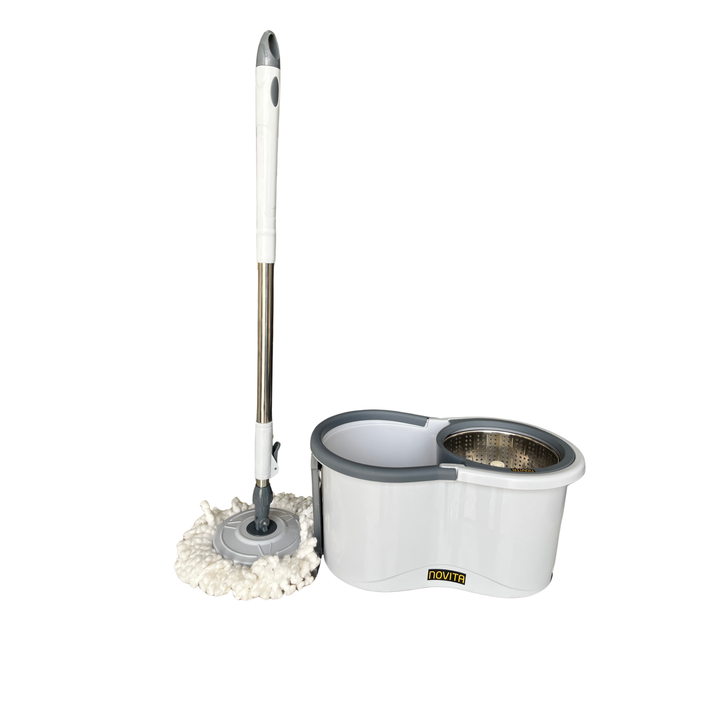 NOVITA 360° Spin Mop Bucket Combo with Steel Handle, Microfiber Refill, Drain System & Wheels – White & Grey