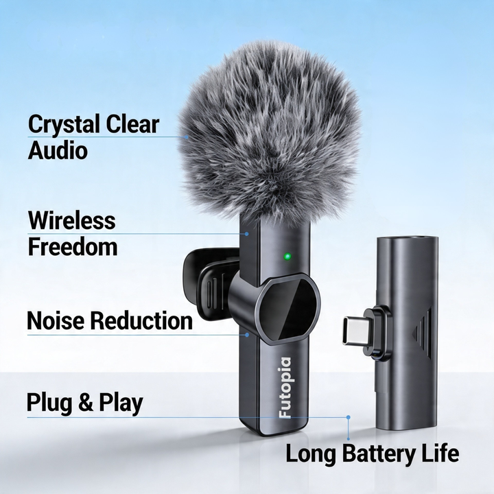 Futopia Wireless Lavalier Microphone for Type-C – Professional 2.4G Wireless Lapel Mic with Noise Reduction, Reverb & Monitoring – 6H Battery Life, 20m Range – Plug & Play