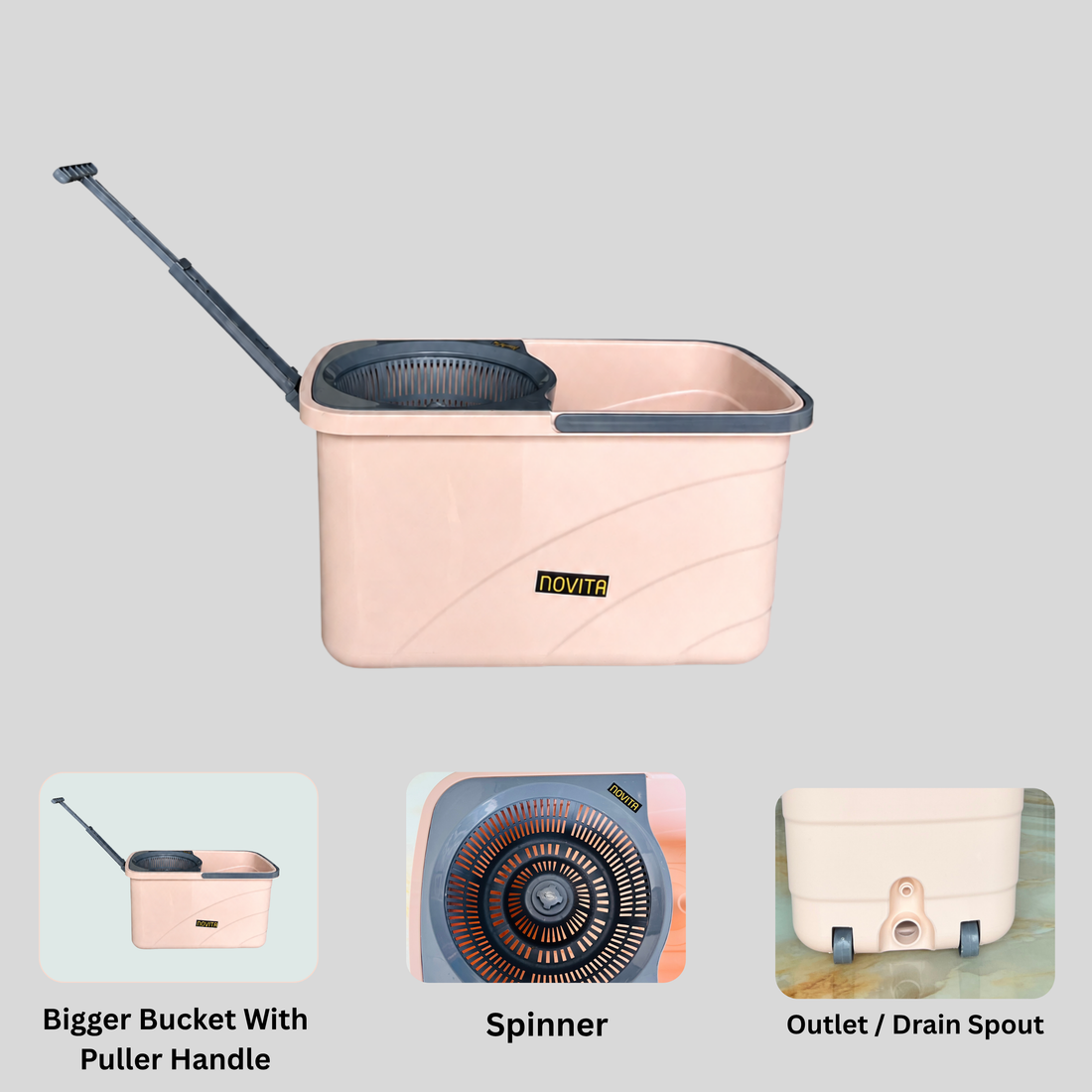 NOVITA 360° Spin Mop & Bucket with Wheels, Steel Handle, Microfiber Head & Drain Outlet – Peach & Black