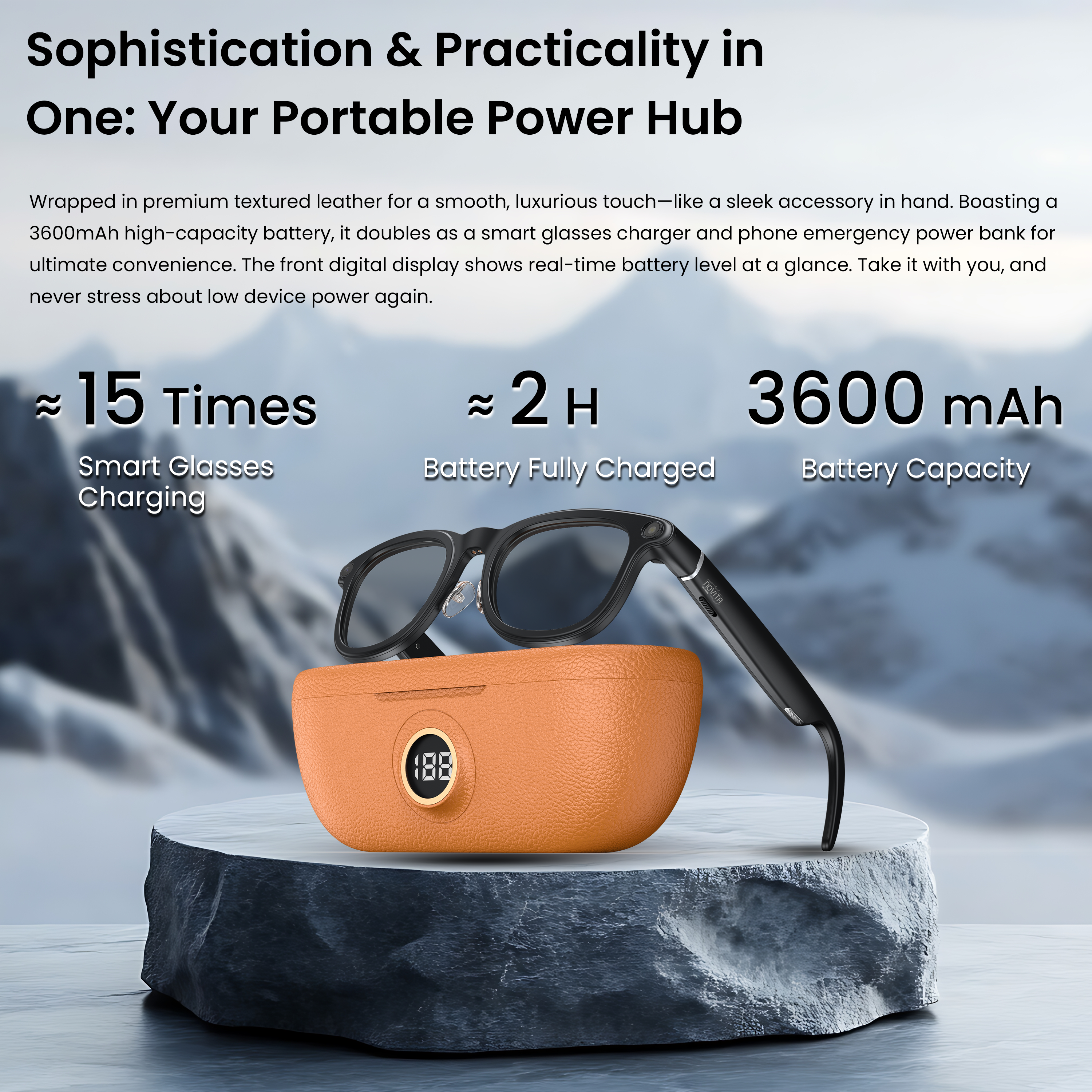 Novita Smart AI Photochromic Glasses 8MP Sony Camera Video Recording Charging Case (Black)