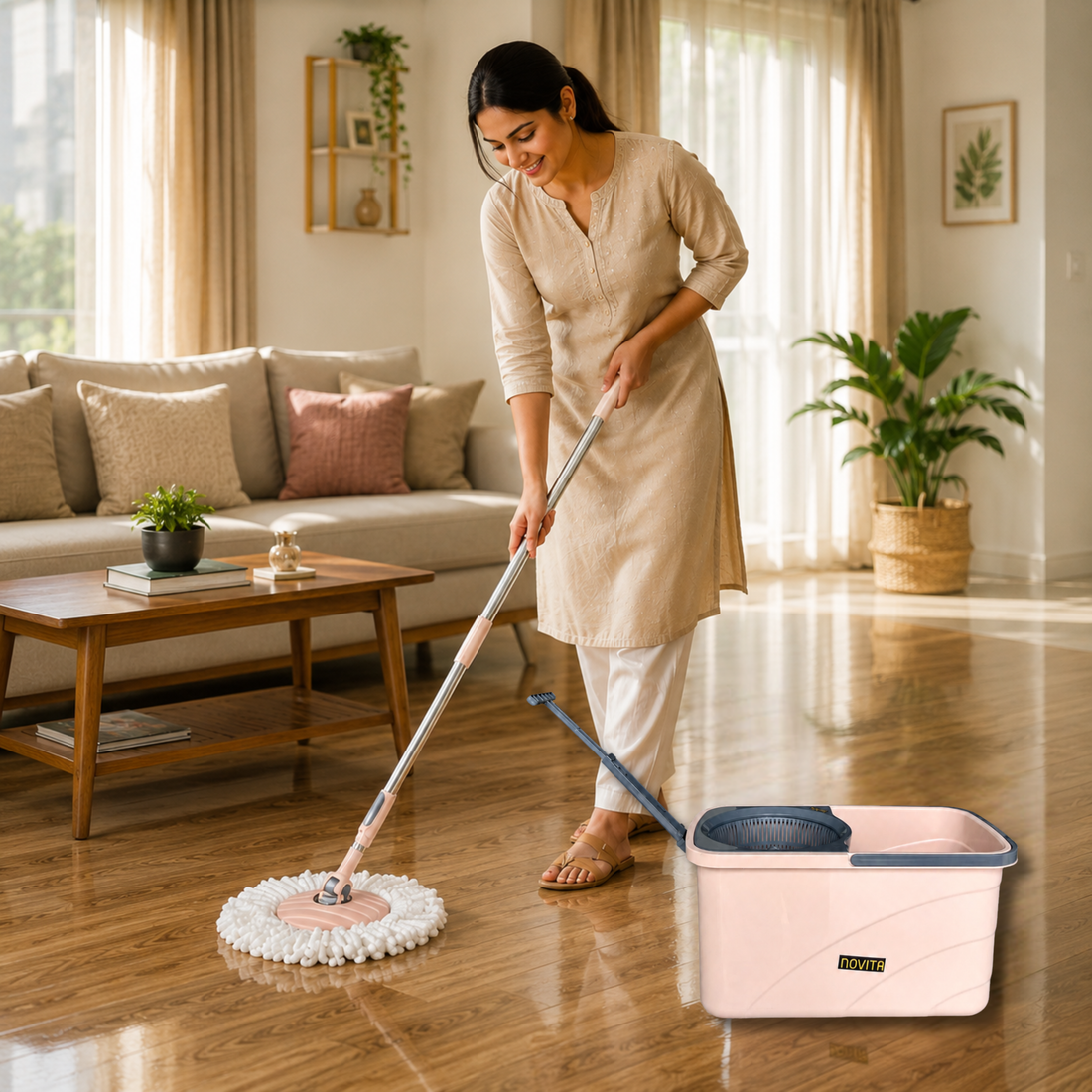 NOVITA 360° Spin Mop & Bucket with Wheels, Steel Handle, Microfiber Head & Drain Outlet – Peach & Black