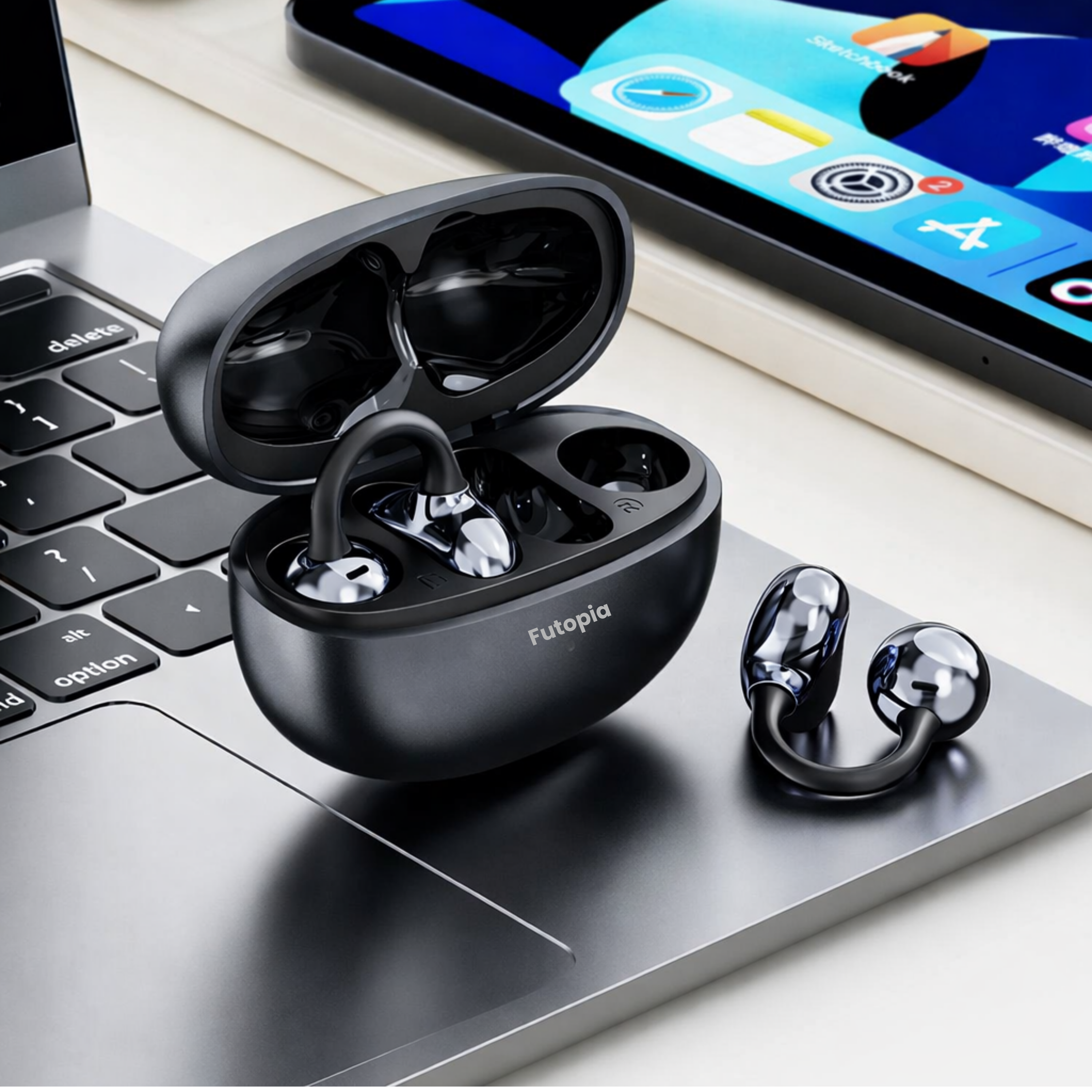 Futopia Loop (OWS) Wireless Bluetooth Earbuds 5.4, Open Ear Design, 10mm Copper Speaker, 300mAh Charging Case, Type-C Fast Charging, HD Sound, BT Name Change, Built-in Mic