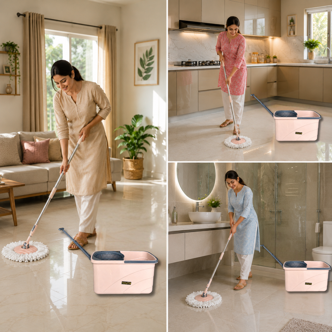 NOVITA 360° Spin Mop & Bucket with Wheels, Steel Handle, Microfiber Head & Drain Outlet – Peach & Black