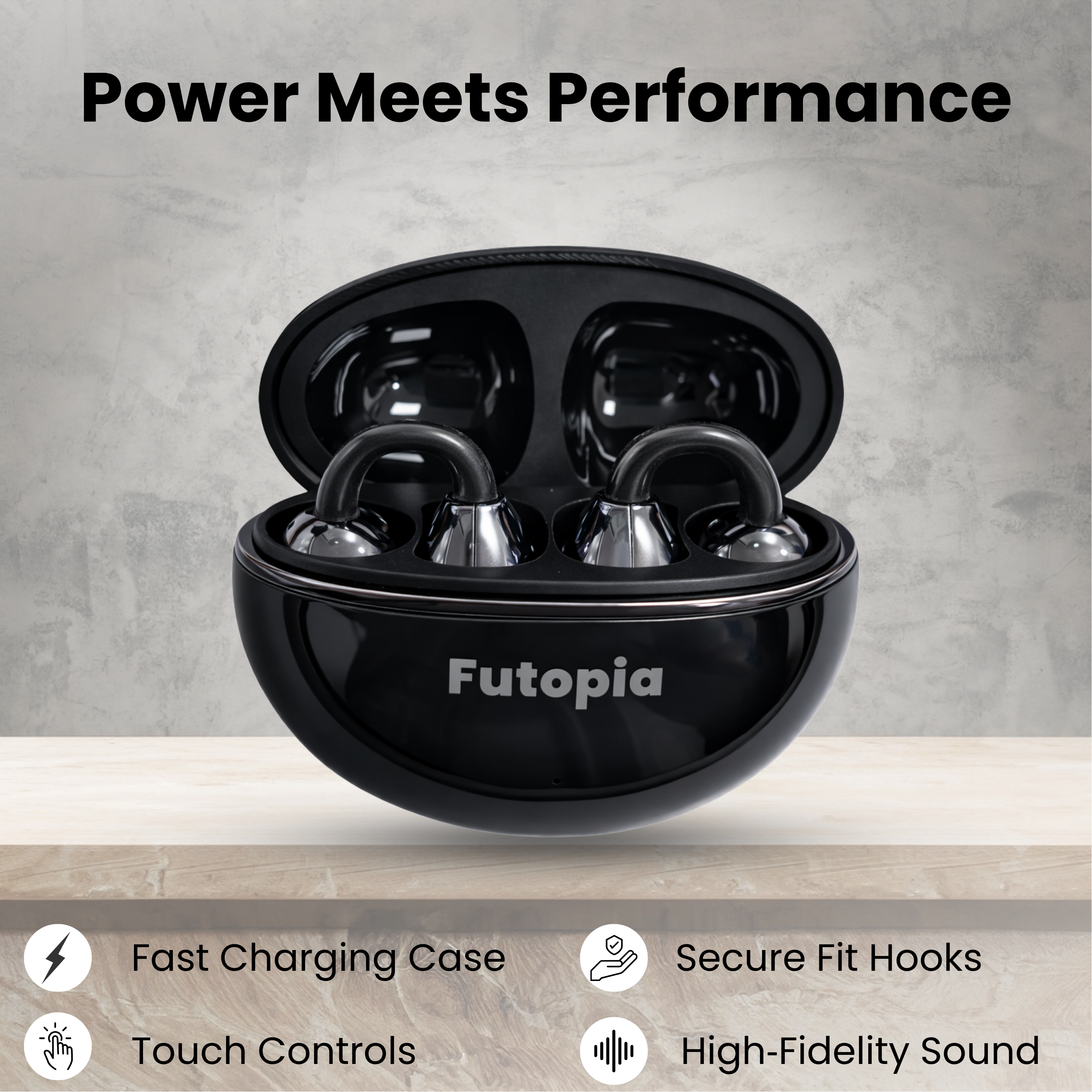 Futopia Loop (OWS) Wireless Bluetooth Earbuds 5.4, Open Ear Design, 10mm Copper Speaker, 300mAh Charging Case, Type-C Fast Charging, HD Sound, BT Name Change, Built-in Mic