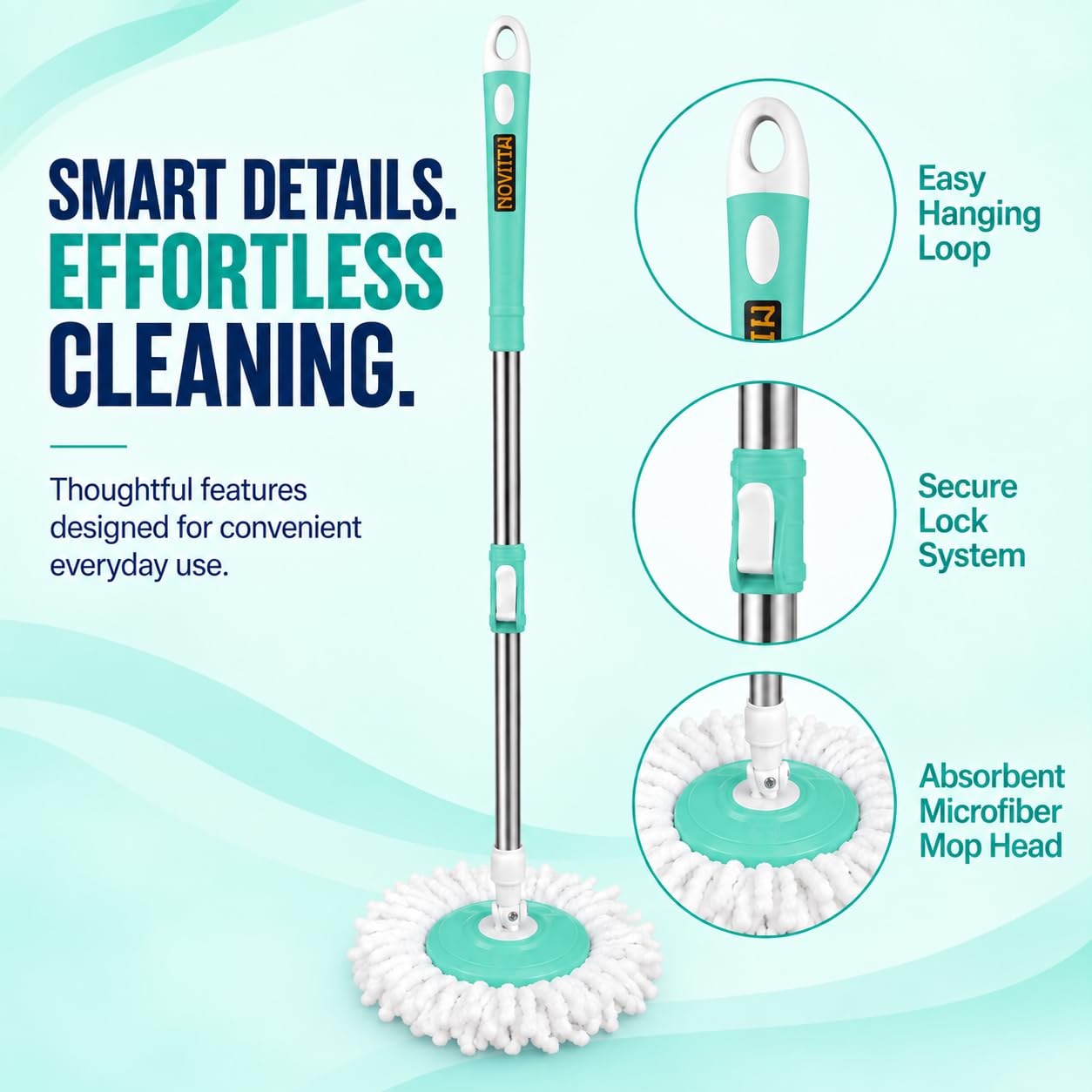 Novita Lite Twin Bucket Spin Mop with Easy Wring & Rinse System | 360° Telescopic Adjustable Handle, High Absorbency Microfiber Floor Mop | Removable Wringer Bucket Set with 1 Extra Refill (Aqua Green)