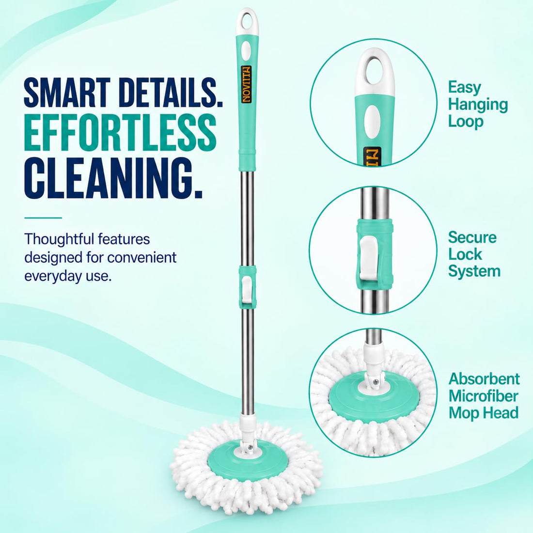 Novita Lite Twin Bucket Spin Mop with Easy Wring & Rinse System | 360° Telescopic Adjustable Handle, High Absorbency Microfiber Floor Mop | Removable Wringer Bucket Set with 1 Extra Refill (Aqua Green)