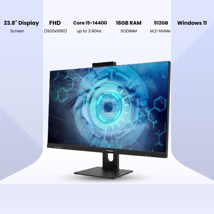 FUTOPIA A121261 All-in-One Desktop PC | AMD Ryzen 3 3200G | 23.8" Full HD IPS Display | 8GB DDR4 RAM | 256GB NVMe SSD | Windows 11 Pro | WiFi 6 | Webcam & Speakers