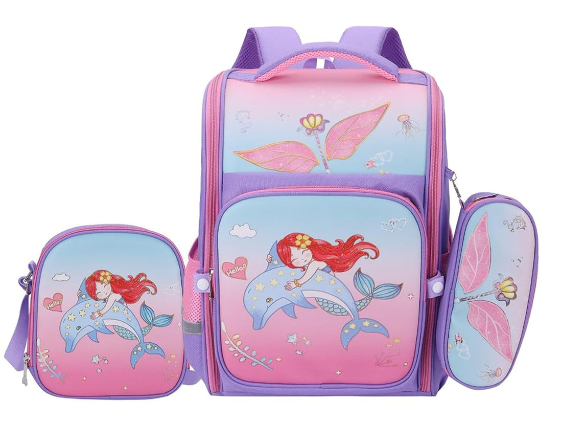 Kids' School Bag 3-Piece Set: Assorted Cartoon Characters Backpack with Matching Lunch Bag & Pencil Case - Durable & Fun for Boys & Girls (2 Chain with 2 Side Pocket)