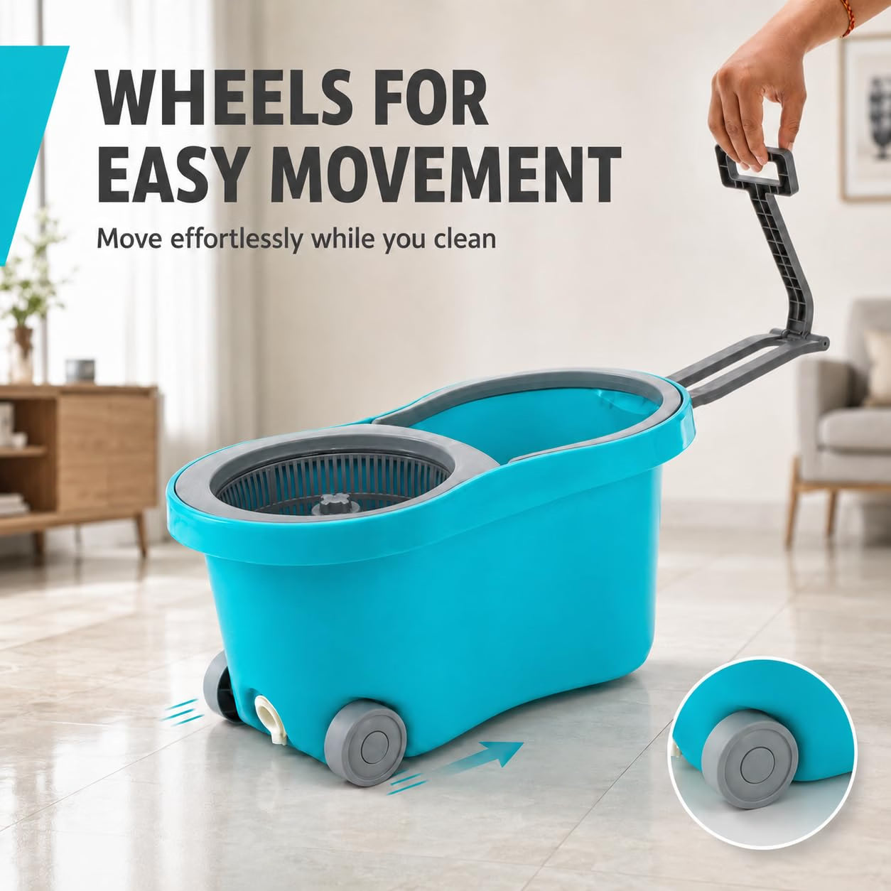Novita 360° Spin Mop Bucket Set | Plastic Jali with Heavy Smart System | Easy Rinse | Telescopic Microfiber Mop |1+1 Refill | Pocha | Wheels | Removes Over 99%* Bacteria- (Aqua Blue)