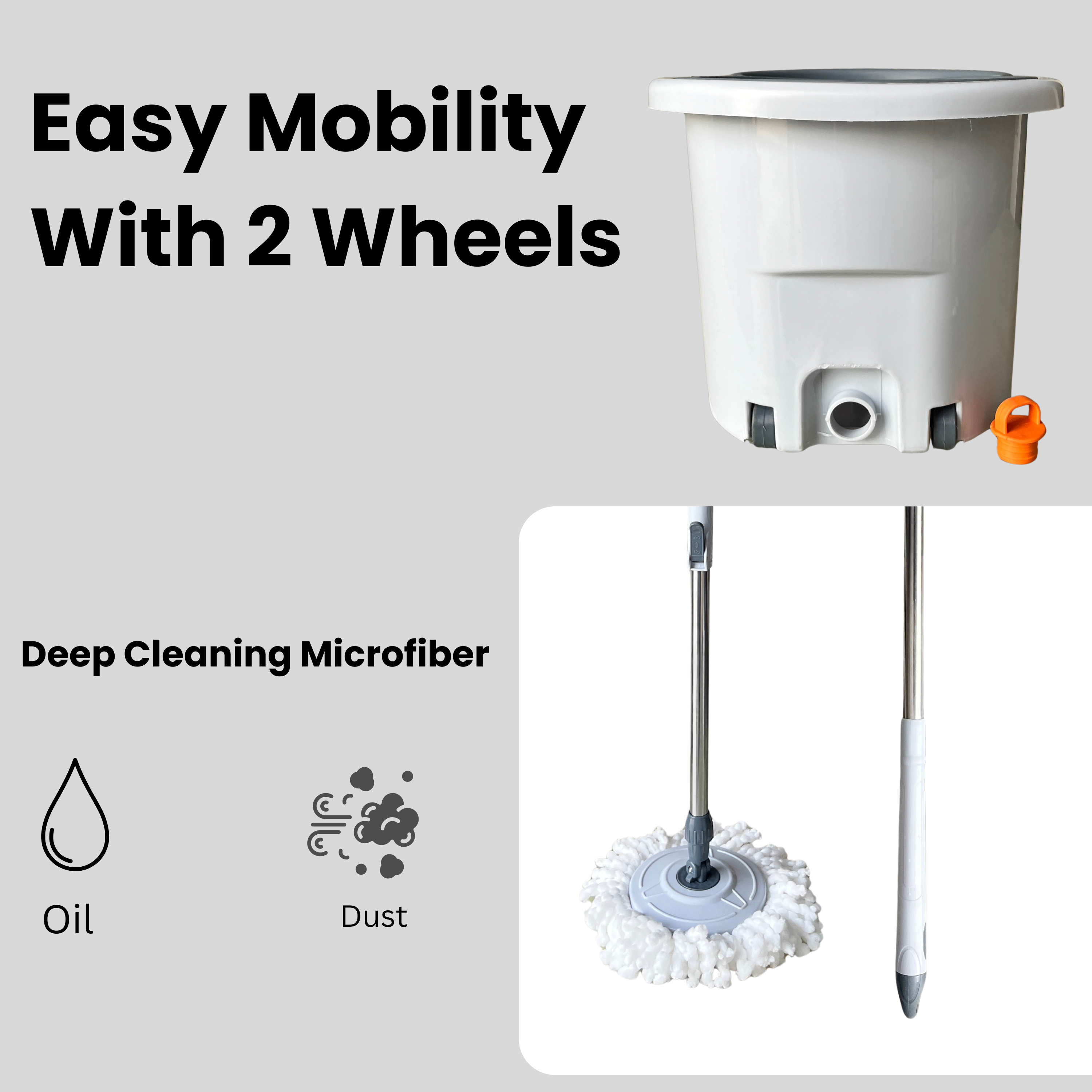 NOVITA 360° Spin Mop Bucket Combo with Steel Handle, Microfiber Refill, Drain System & Wheels – White & Grey