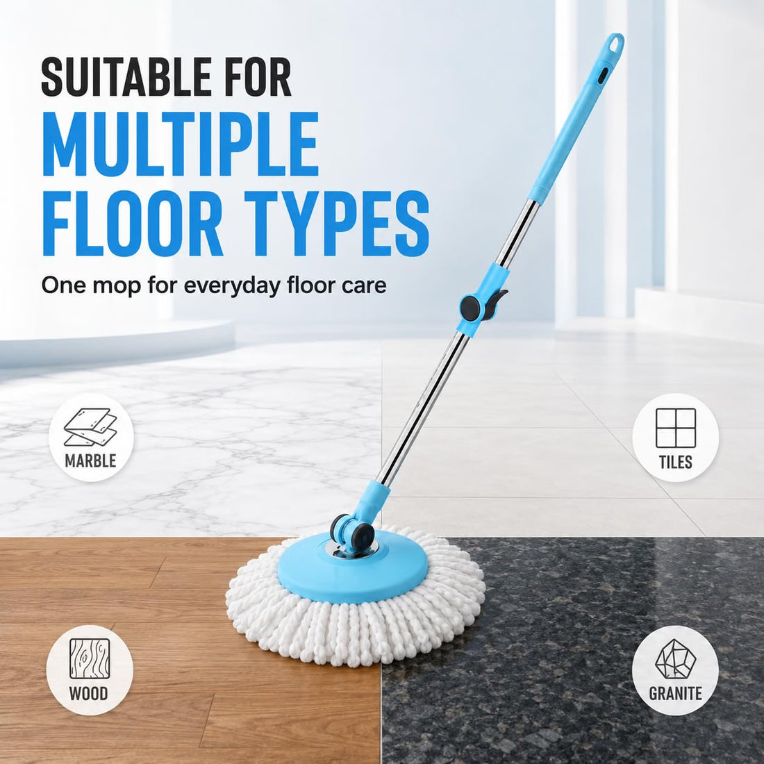 Novita 360° Spin Mop Bucket Set | Plastic Jali with Heavy Smart System | Easy Rinse | Telescopic Microfiber Mop |1+1 Refill | Pocha | Big Wheels | Removes Over 99%* Bacteria- (Blue)