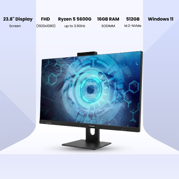 FUTOPIA A123261 All-in-One Desktop PC | AMD Ryzen 5 5600G | 23.8" Full HD IPS Display | 16GB DDR4 RAM | 512GB NVMe SSD | Windows 11 Pro | WiFi 6 | Webcam & Stereo Speakers