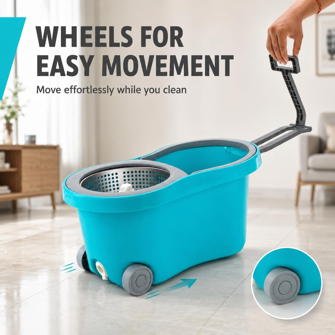 Novita 360° Spin Mop Bucket Set | Steel Jali with Heavy Smart System | Easy Rinse | Telescopic Microfiber Mop |1+1 Refill | Pocha | Wheels | Removes Over 99%* Bacteria- (Aqua Blue)