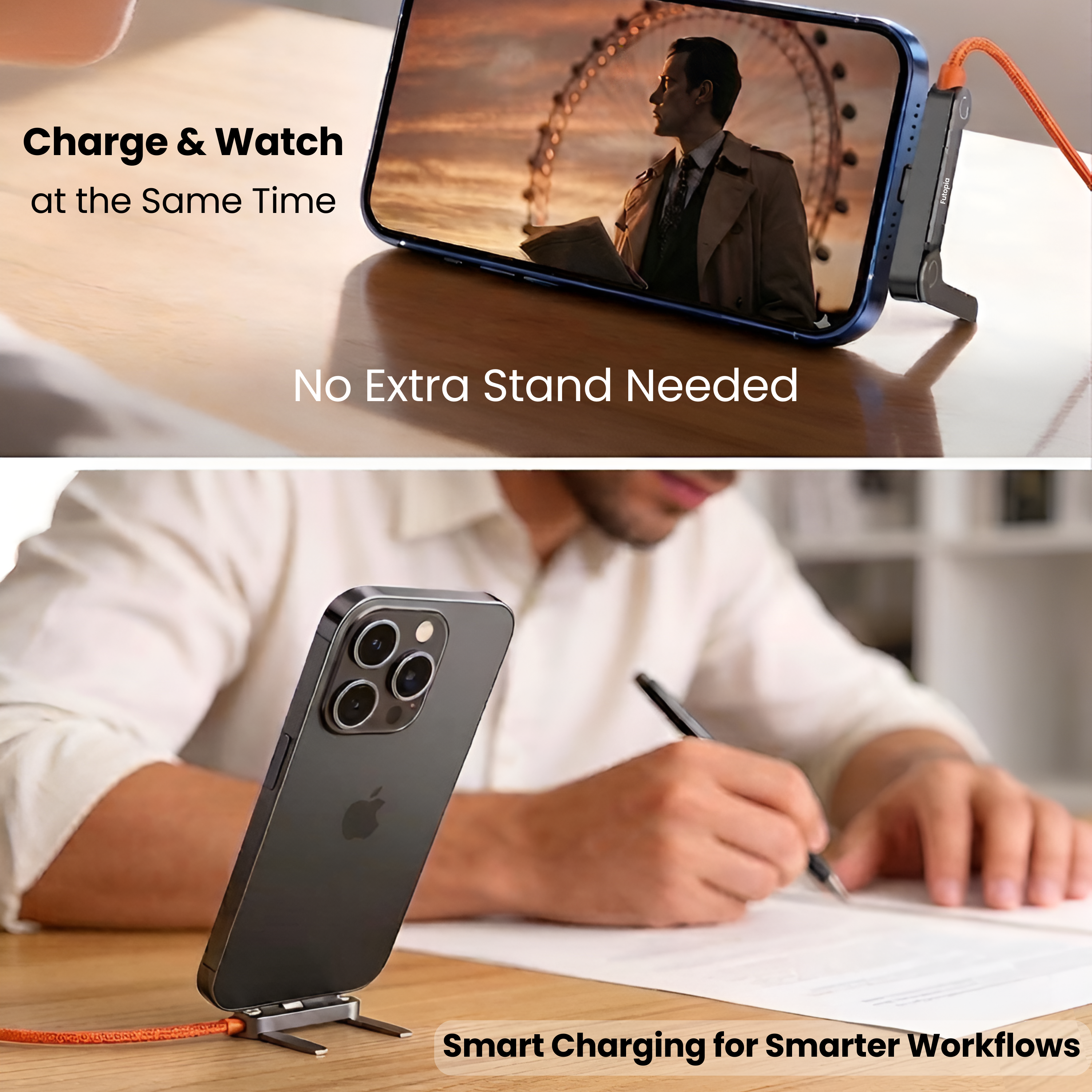 Futopia 2-in-1 240W Fast Charging type-C to type-c Cable with Built-in Adjustable Metal Invisible holder Phone Stand | 1.5m Durable Braided Cable for Smartphones, Tablets, Laptops, Gaming- Orange