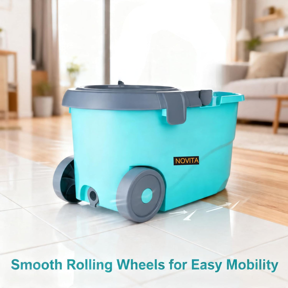 NOVITA 360° Premium Spin Mop & Bucket Combo with Stainless Steel Handle & Super-Absorbent Microfiber Heads – Blue