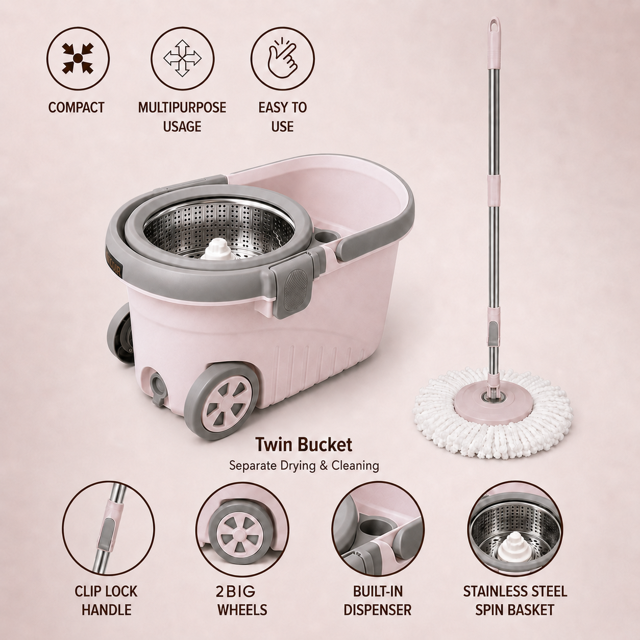 Novita Premium 360° Spin Mop Bucket Set | Steel Jali with Heavy Smart System | Easy Rinse | Telescopic Microfiber Mop & Soap Dispenser |1+1 Refill | Pocha | Big Wheels | Removes Over 99%* Bacteria