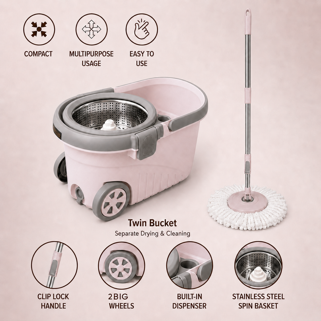 Novita Premium 360° Spin Mop Bucket Set | Steel Jali with Heavy Smart System | Easy Rinse | Telescopic Microfiber Mop & Soap Dispenser |1+1 Refill | Pocha | Big Wheels | Removes Over 99%* Bacteria