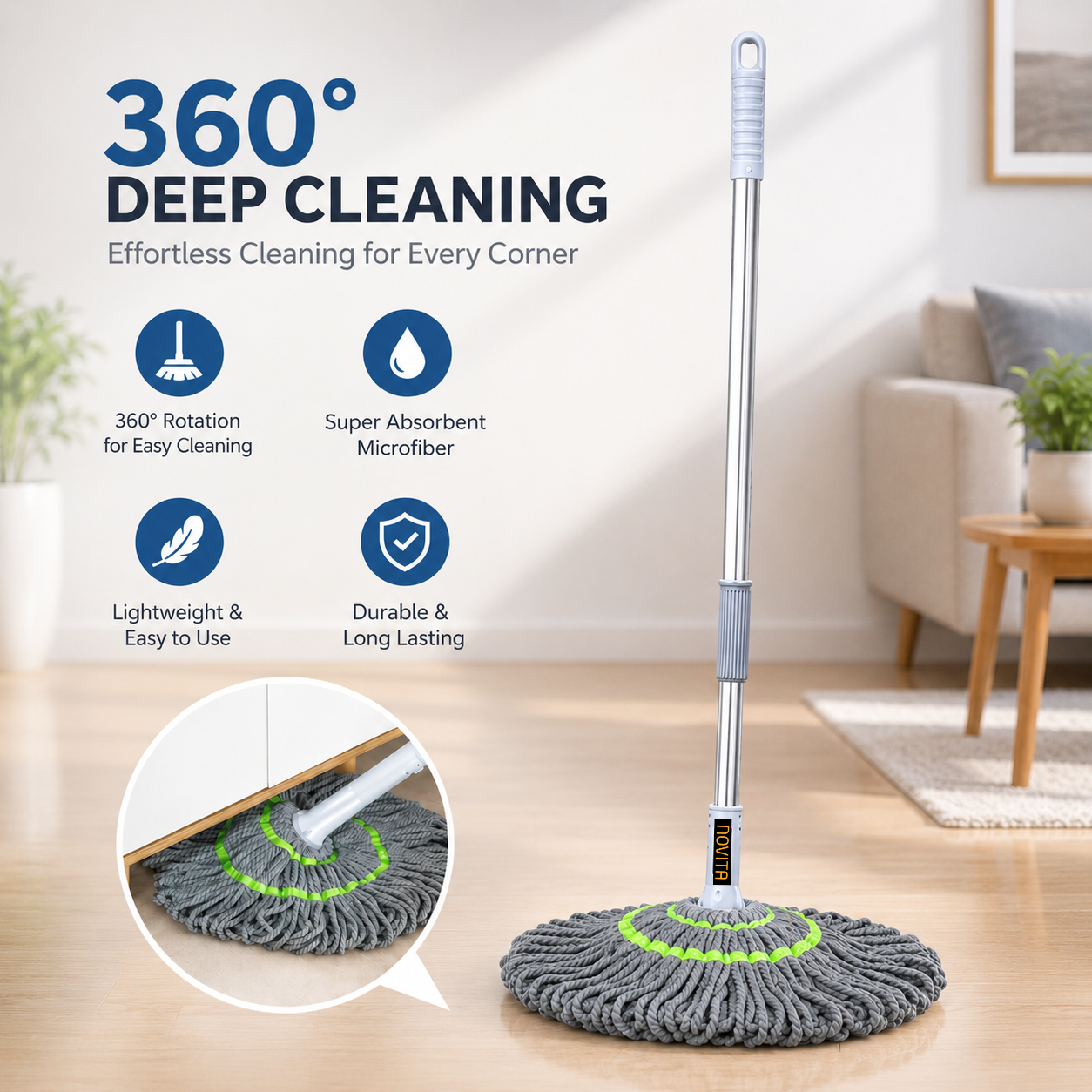 Novita Self-Wringing Twist Mop – Easy Squeeze Floor Cleaner with 360 Degree Rotation, Extendable Stainless Steel Long Handle & Super Absorbent Microfiber Heads for Home & Office Floor Cleaning