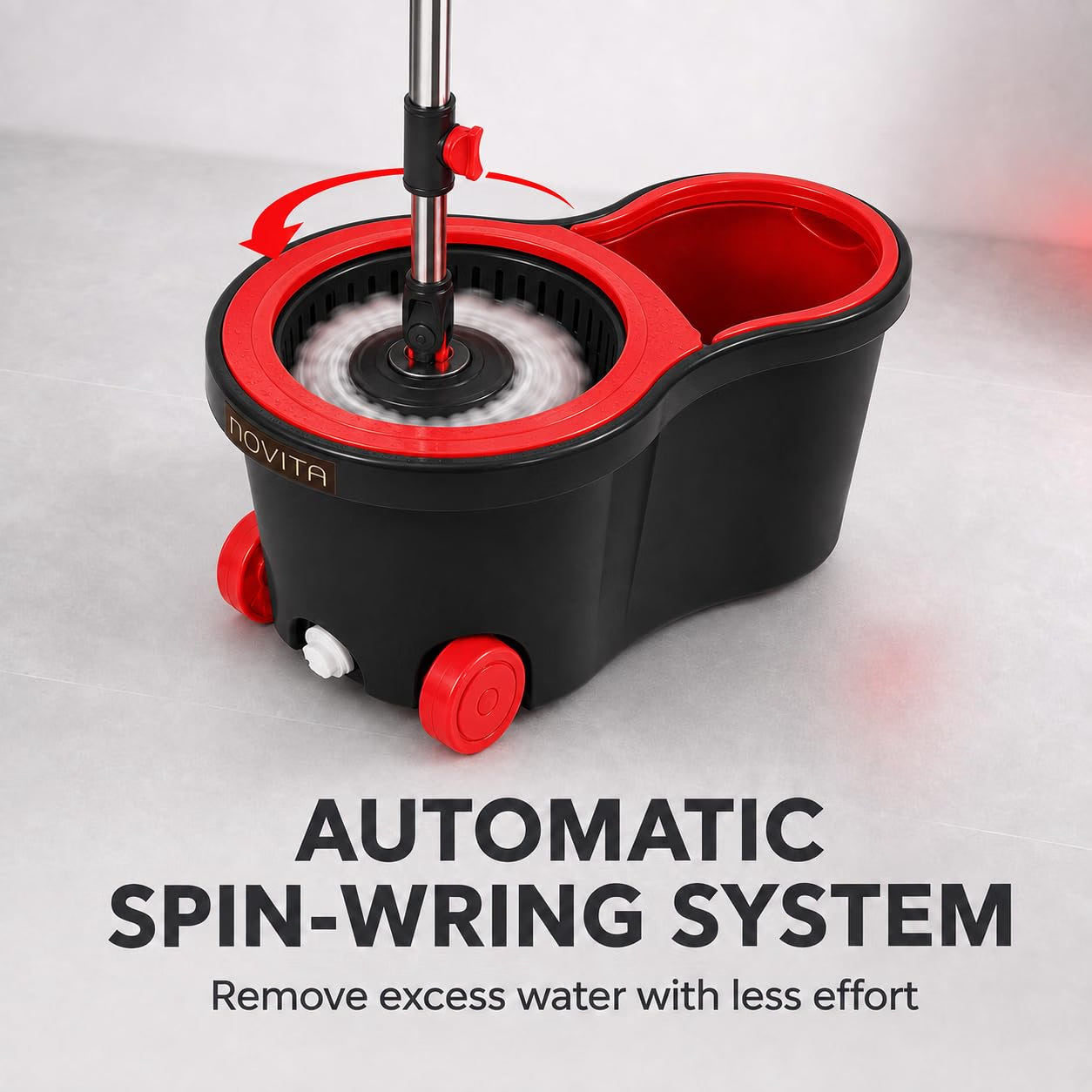 Novita 360° Spin Mop Bucket Set | Plastic Jali with Smart System | Easy Rinse | Telescopic Microfiber Mop |1+1 Refill | Pocha | Wheels | Removes Over 99%* Bacteria- (Red & Black)