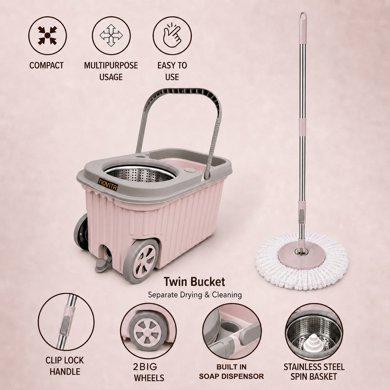 Novita Premium 360° Spin Mop Bucket Set | Steel Jali with Heavy Smart System | Easy Rinse | Telescopic Microfiber Mop & Soap Dispenser |1+1 Refill | Pocha | Big Wheels | Removes Over 99%* Bacteria