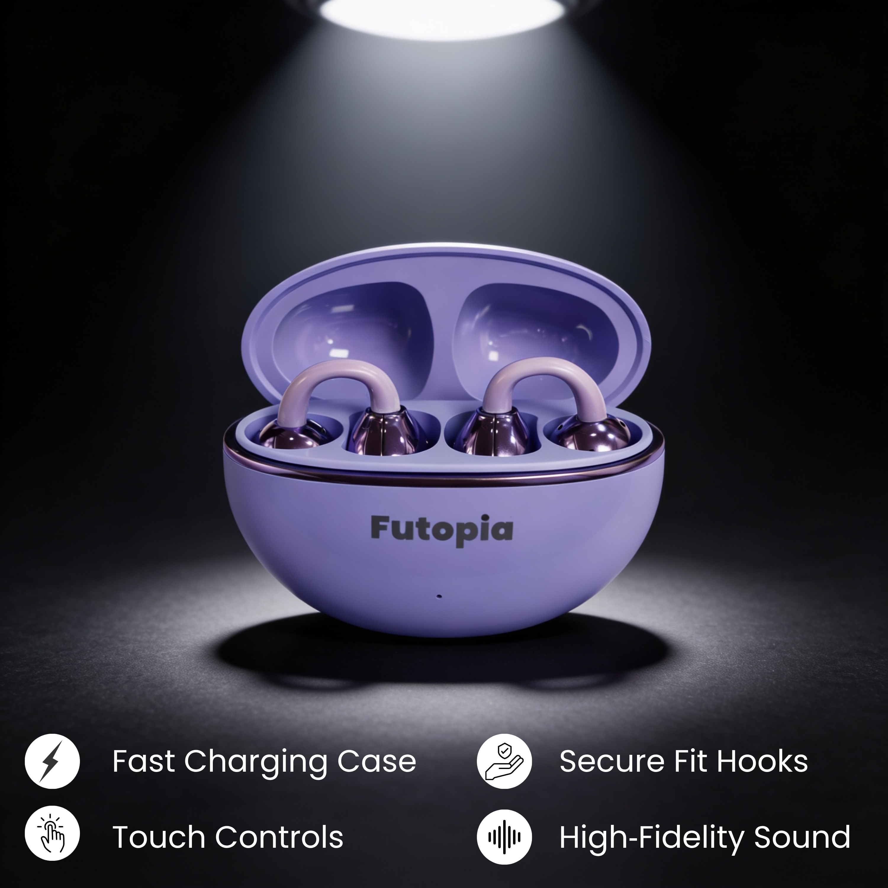 Futopia Loop (OWS) Wireless Bluetooth Earbuds 5.4, Open Ear Design, 10mm Copper Speaker, 300mAh Charging Case, Type-C Fast Charging, HD Sound, BT Name Change, Built-in Mic