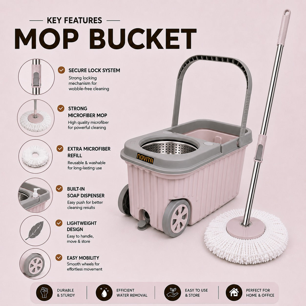 Novita Premium 360° Spin Mop Bucket Set | Steel Jali with Heavy Smart System | Easy Rinse | Telescopic Microfiber Mop & Soap Dispenser |1+1 Refill | Pocha | Big Wheels | Removes Over 99%* Bacteria