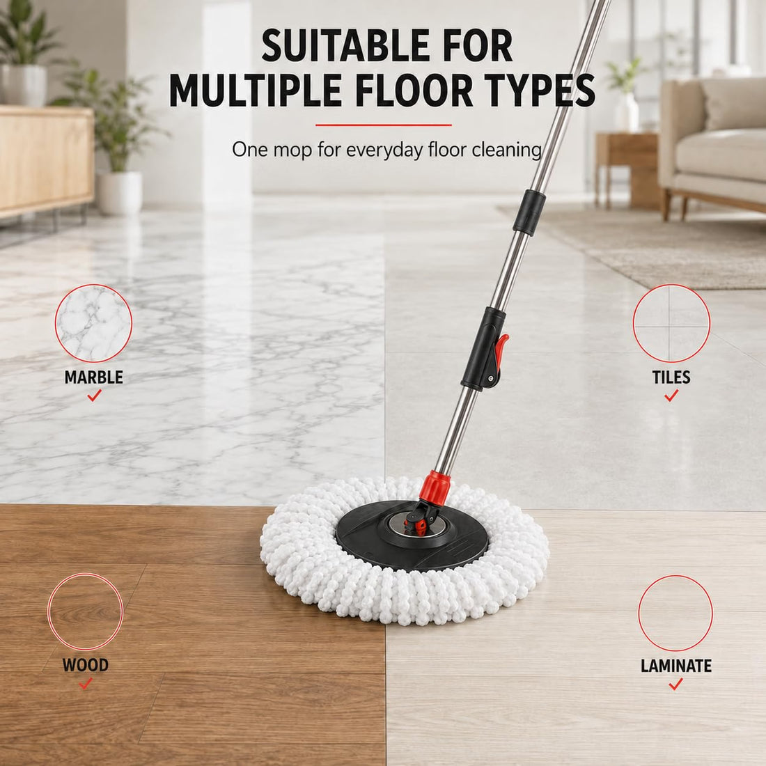 Novita 360° Spin Mop Bucket Set | Plastic Jali with Smart System | Easy Rinse | Telescopic Microfiber Mop |1+1 Refill | Pocha | Wheels | Removes Over 99%* Bacteria- (Red & Black)