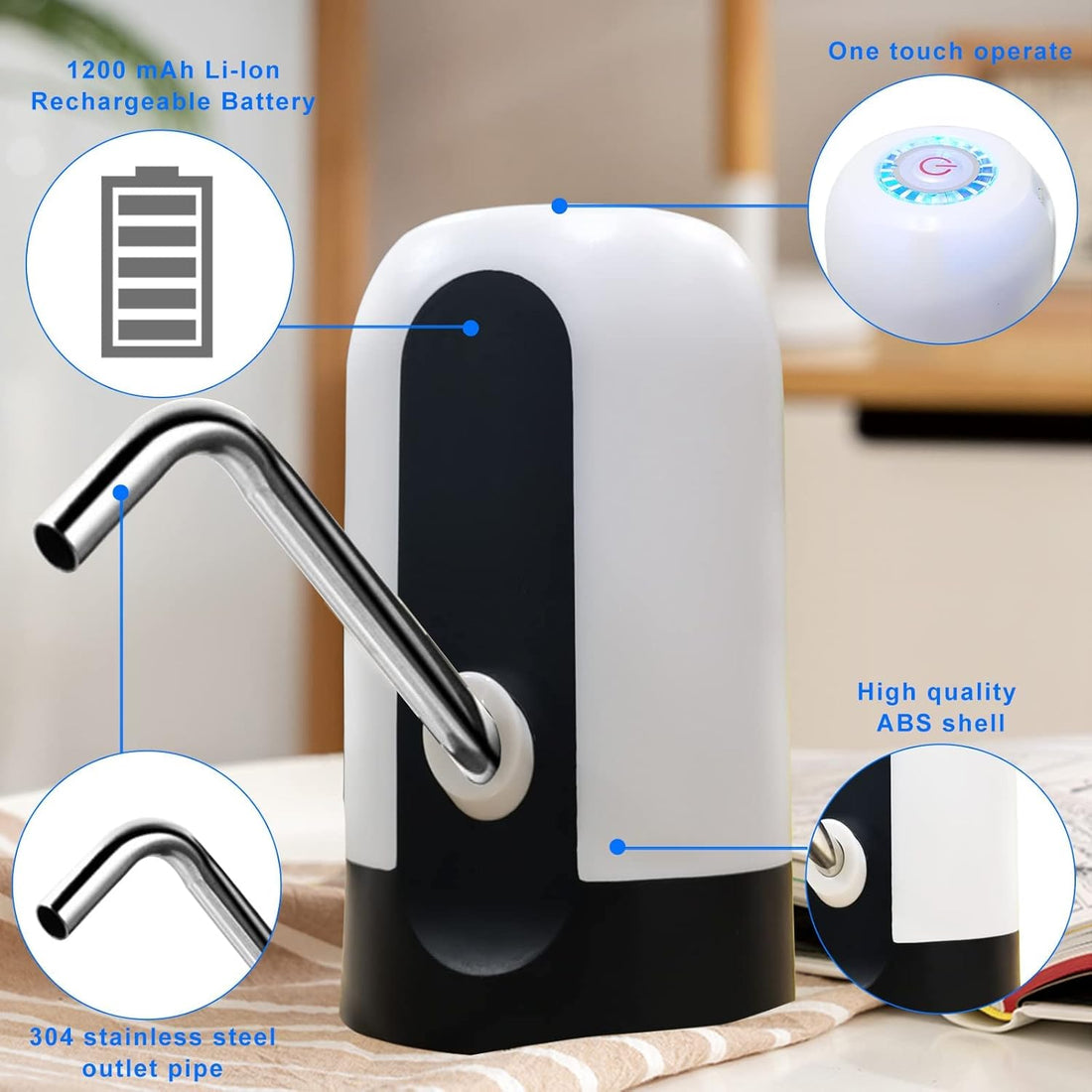 Novita Drinking Water Pump Water Bottle Electric Water Pump Dispenser Drinking Bottle Switch Pump USB Charging Caps Fits Most Gallon Bottles for Home Office-White