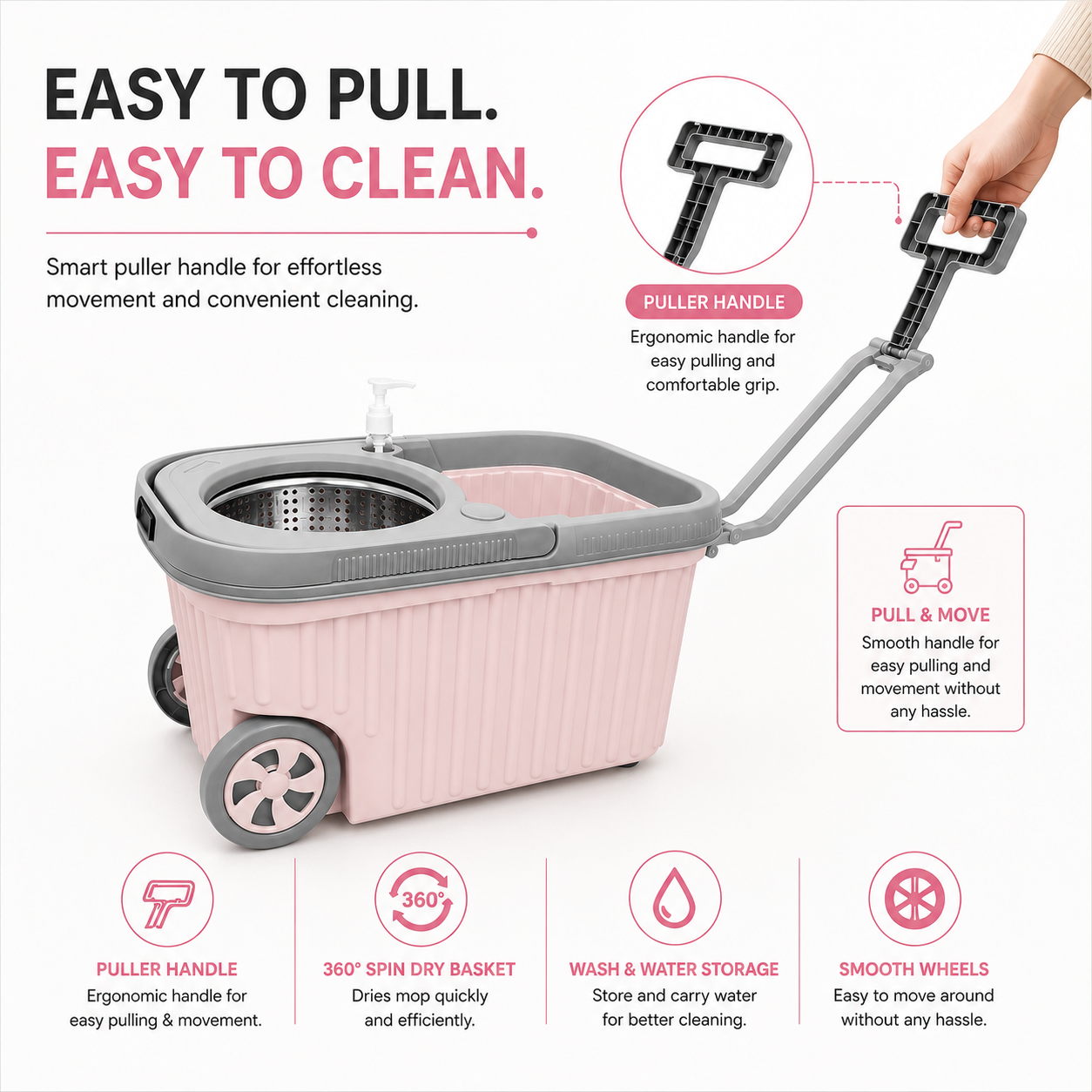 Novita Premium 360° Spin Mop Bucket Set | Steel Jali with Heavy Smart System | Easy Rinse | Telescopic Microfiber Mop & Soap Dispenser |1+1 Refill | Pocha | Big Wheels | Removes Over 99%* Bacteria