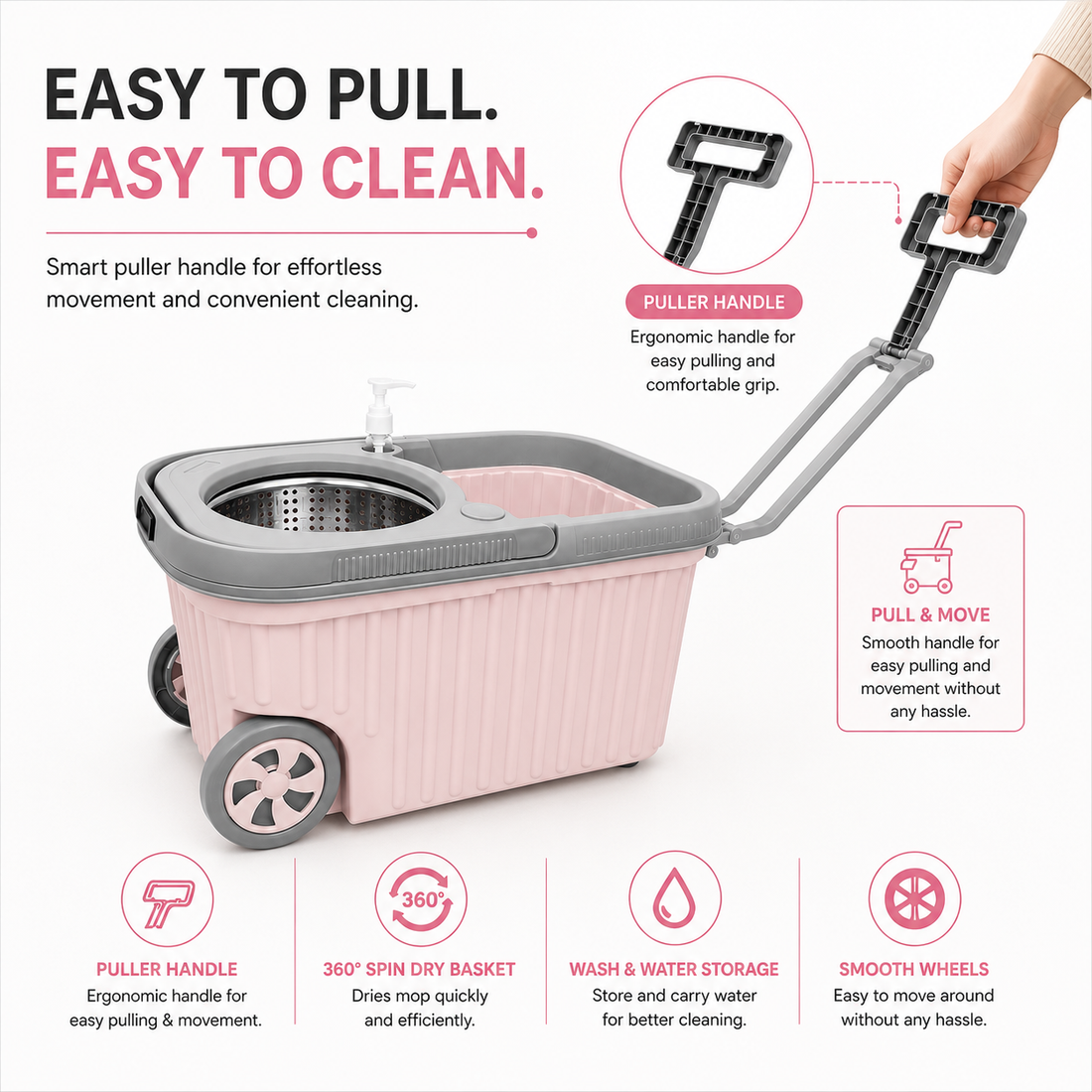 Novita Premium 360° Spin Mop Bucket Set | Steel Jali with Heavy Smart System | Easy Rinse | Telescopic Microfiber Mop & Soap Dispenser |1+1 Refill | Pocha | Big Wheels | Removes Over 99%* Bacteria