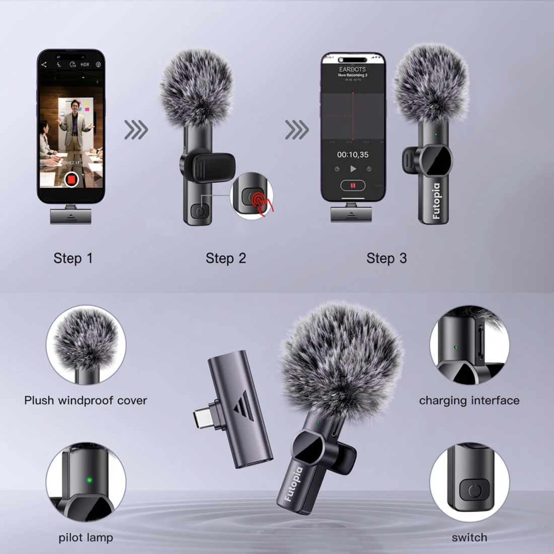 Futopia Wireless Lavalier Microphone for Type-C – Professional 2.4G Wireless Lapel Mic with Noise Reduction, Reverb & Monitoring – 6H Battery Life, 20m Range – Plug & Play