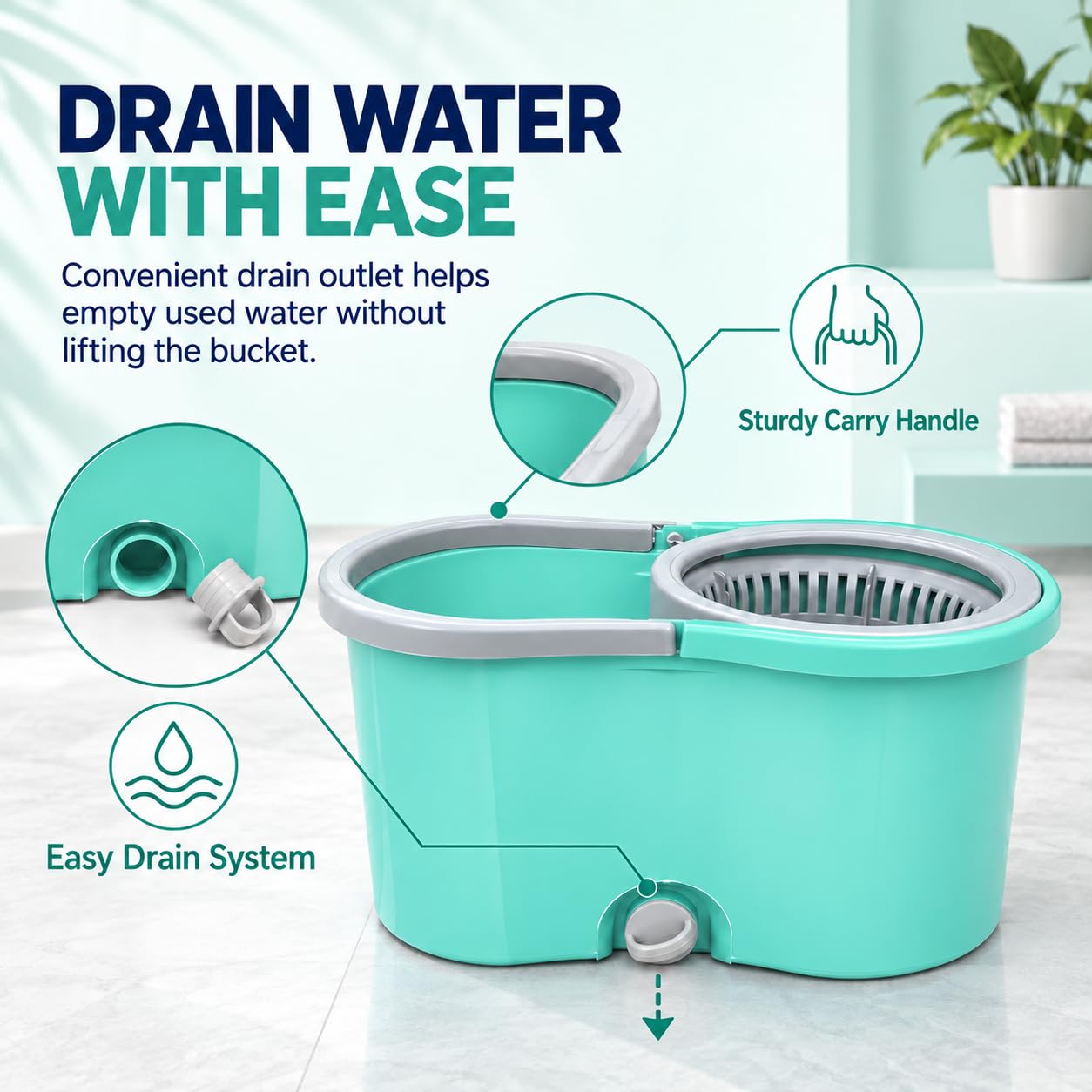 Novita Lite Twin Bucket Spin Mop with Easy Wring & Rinse System | 360° Telescopic Adjustable Handle, High Absorbency Microfiber Floor Mop | Removable Wringer Bucket Set with 1 Extra Refill (Aqua Green)