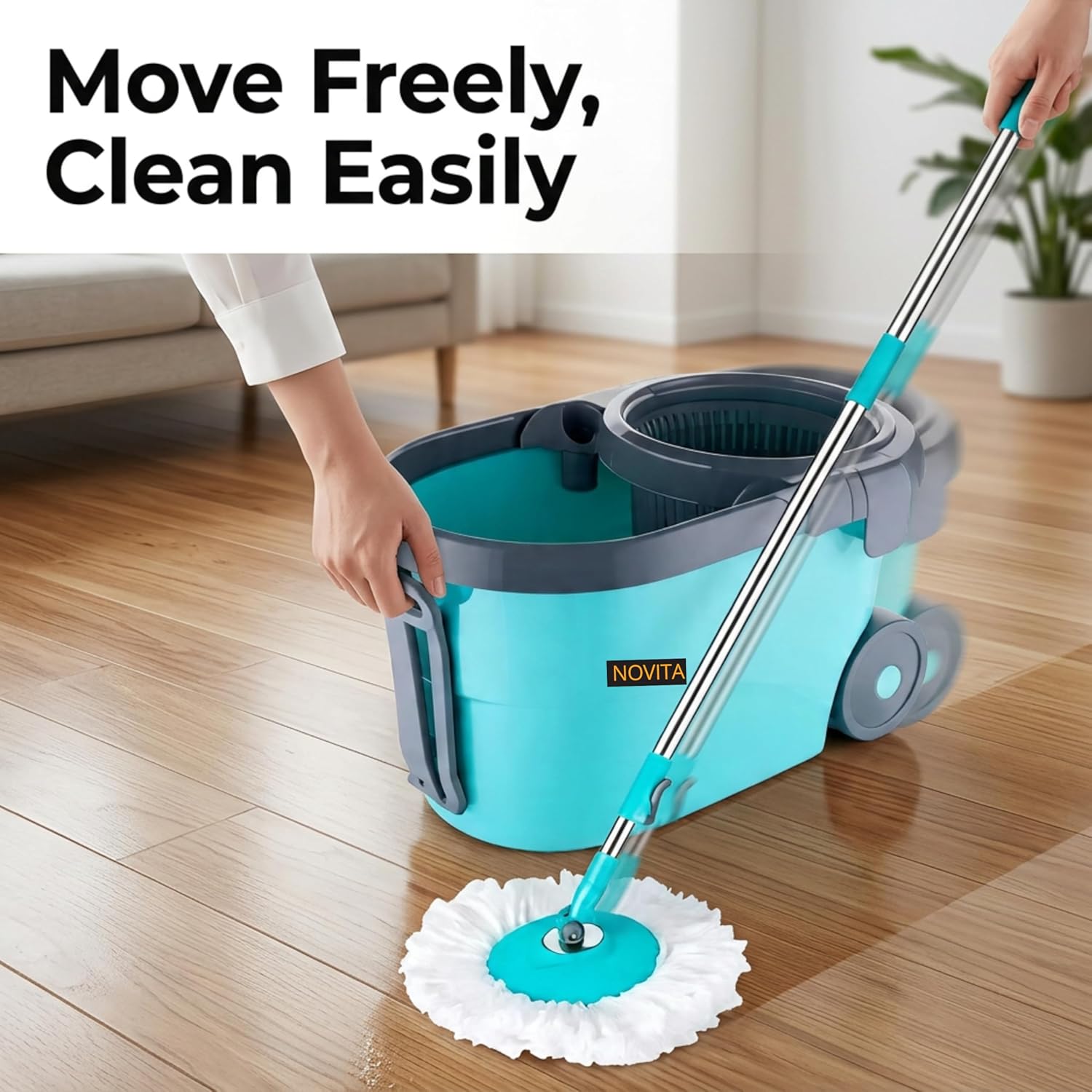 NOVITA 360° Premium Spin Mop & Bucket Combo with Stainless Steel Handle & Super-Absorbent Microfiber Heads – Blue