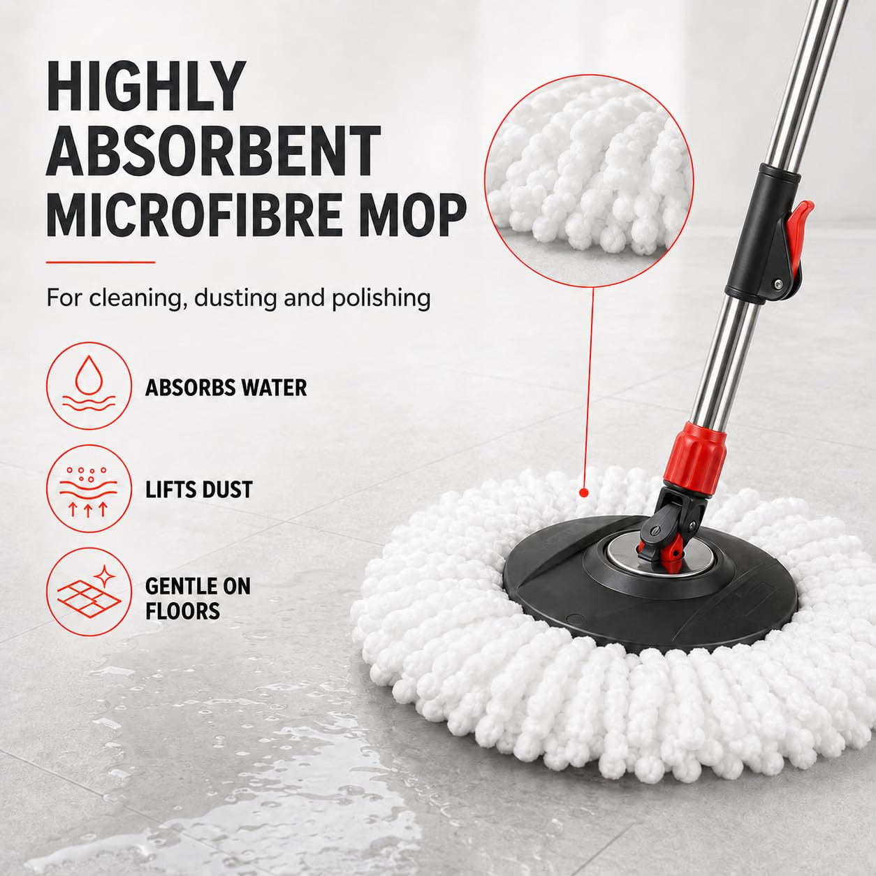 Novita 360° Spin Mop Bucket Set | Steel Jali with Heavy Smart System | Easy Rinse | Telescopic Microfiber Mop |1+1 Refill | Pocha | Wheels | Removes Over 99%* Bacteria- (Red & Black)