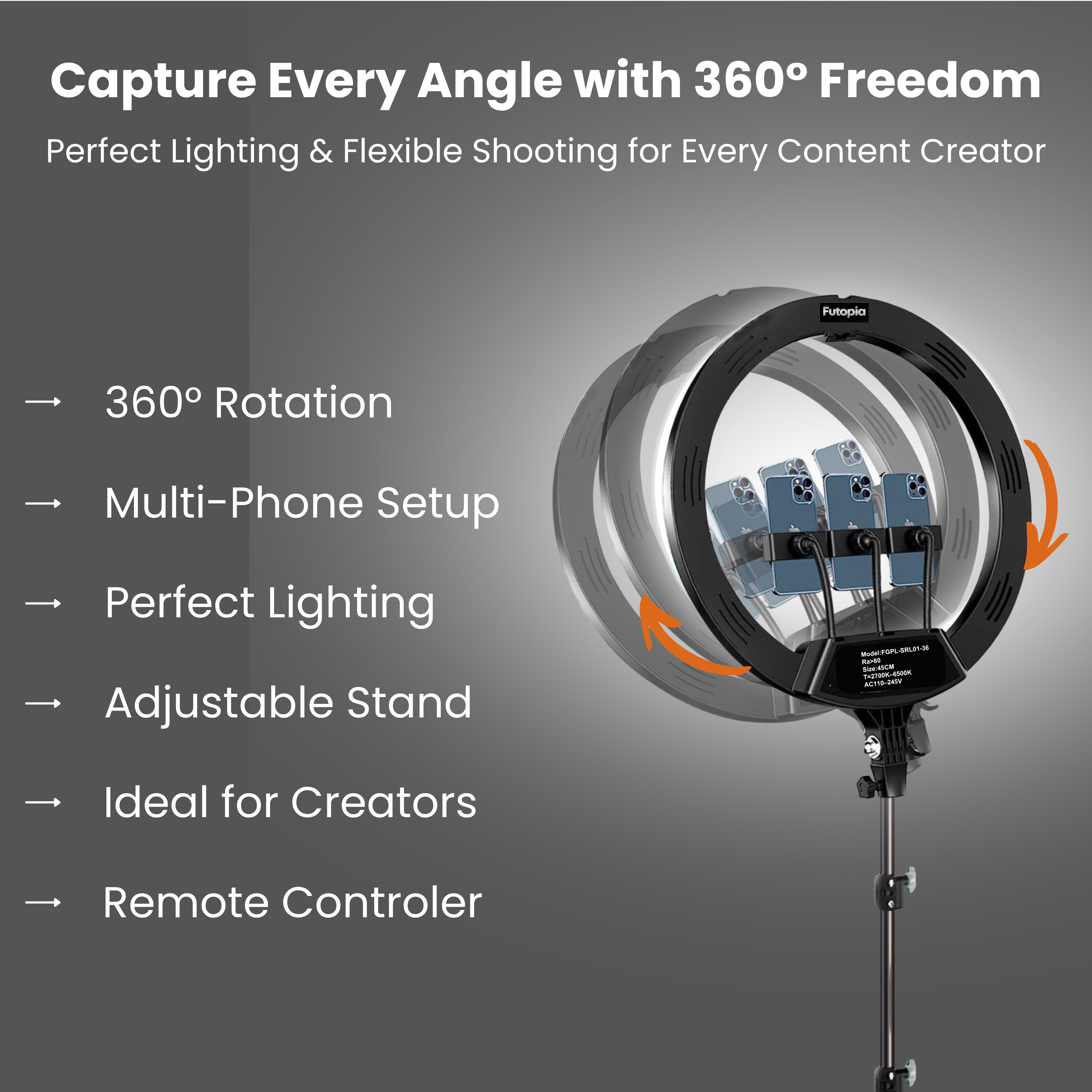 Professional 45cm (18 Inch) Studio LED Ring Light with Tripod & Remote | 2700–6500K Adjustable Color Lighting | AC Power | 3 Mobile Holders Perfect for Photo & Video Shoot, Instagram Reels