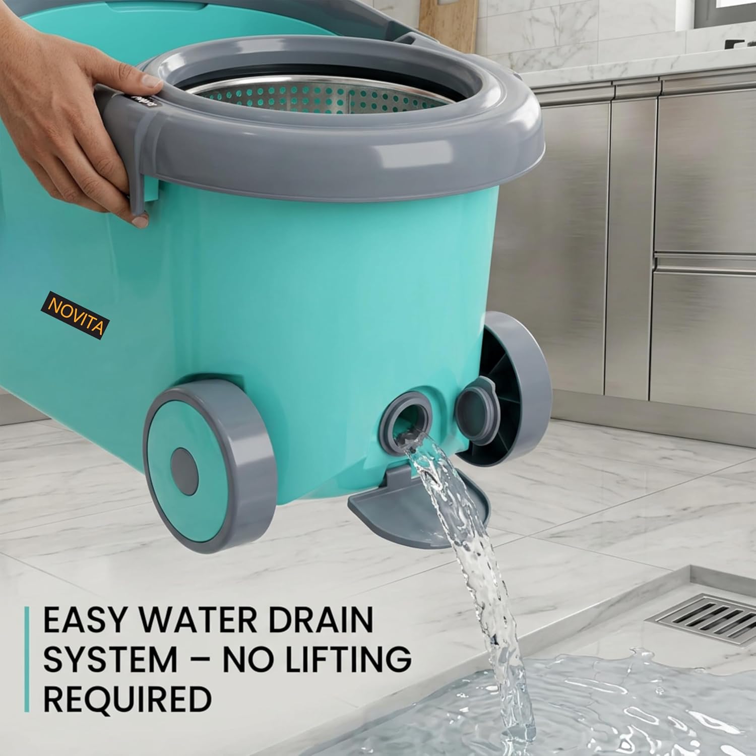 NOVITA 360° Spin Mop & Bucket with Wheels Floor Cleaning Spin Mop Bucket with Large Wheels, Adjustable Handle & 2 Microfiber Refills – Blue