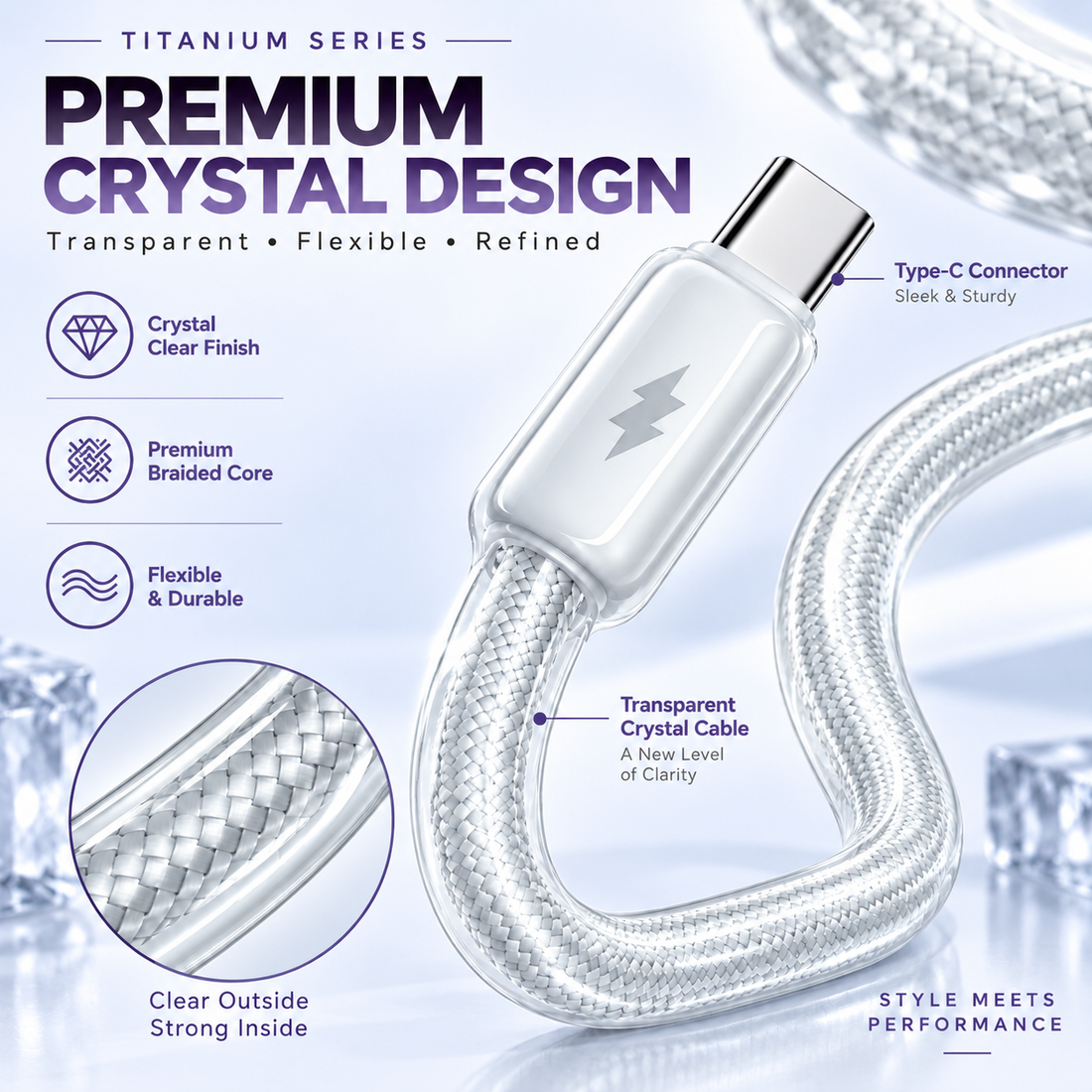 Futopia Titanium Series Low-Temperature Crystal Cable, Type-C to Type-C 100W Fast Charging, Compatible with iPhone 15–17 & Android