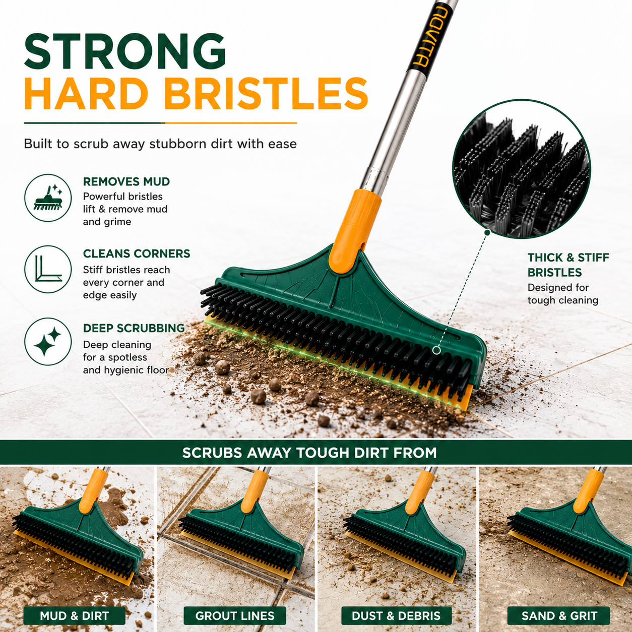 Novita 3-in-1 Bathroom Cleaning Brush with Wiper, Long Handle 180° Rotating Floor Scrub Brush, Hard Bristle Tile & Toilet Cleaning Brush for Bathroom, Kitchen