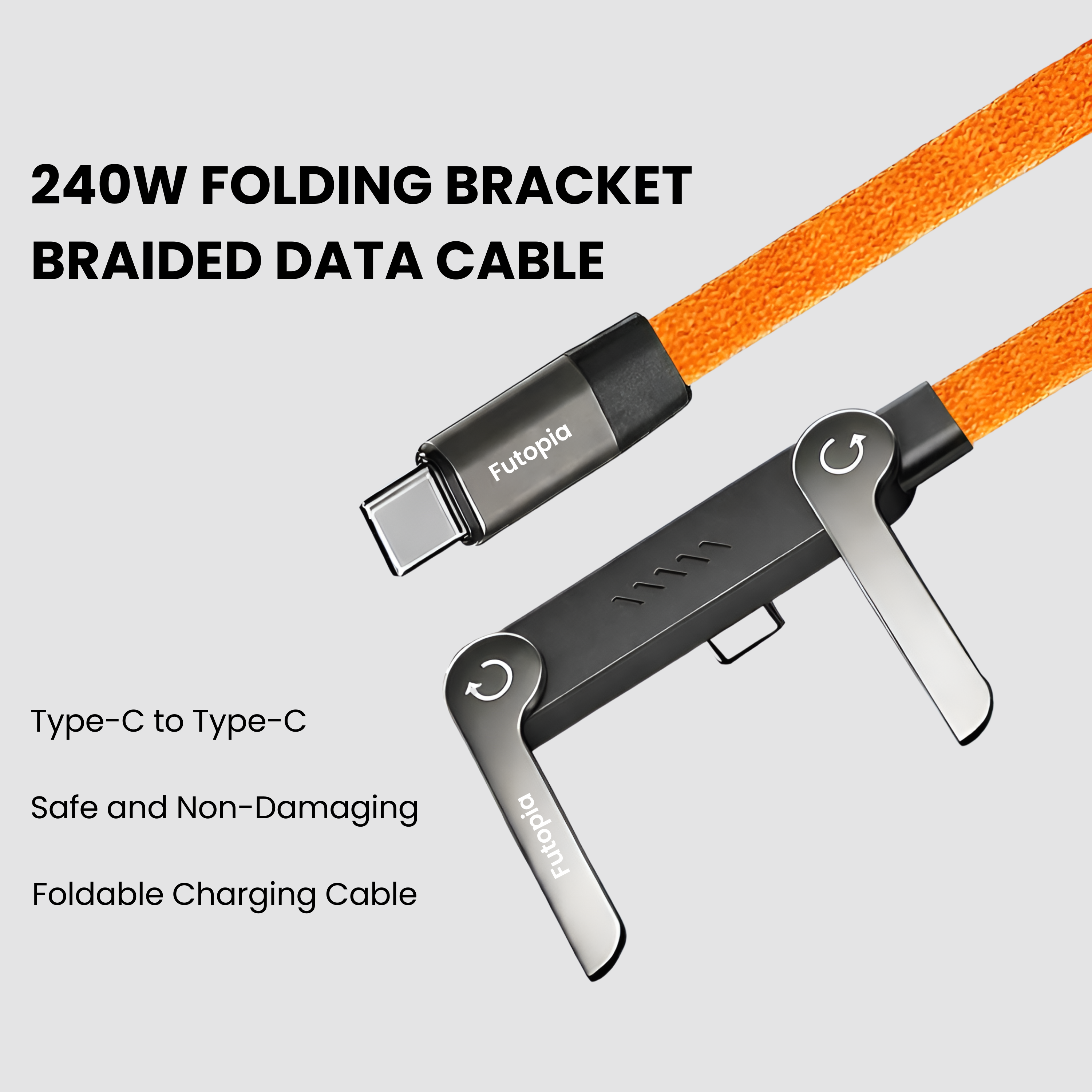 Futopia 2-in-1 240W Fast Charging type-C to type-c Cable with Built-in Adjustable Metal Invisible holder Phone Stand | 1.5m Durable Braided Cable for Smartphones, Tablets, Laptops, Gaming- Orange