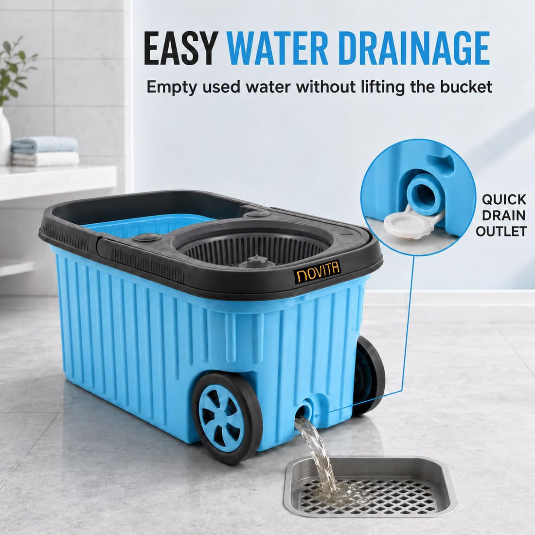 Novita 360° Spin Mop Bucket Set | Plastic Jali with Heavy Smart System | Easy Rinse | Telescopic Microfiber Mop |1+1 Refill | Pocha | Big Wheels | Removes Over 99%* Bacteria- (Blue)