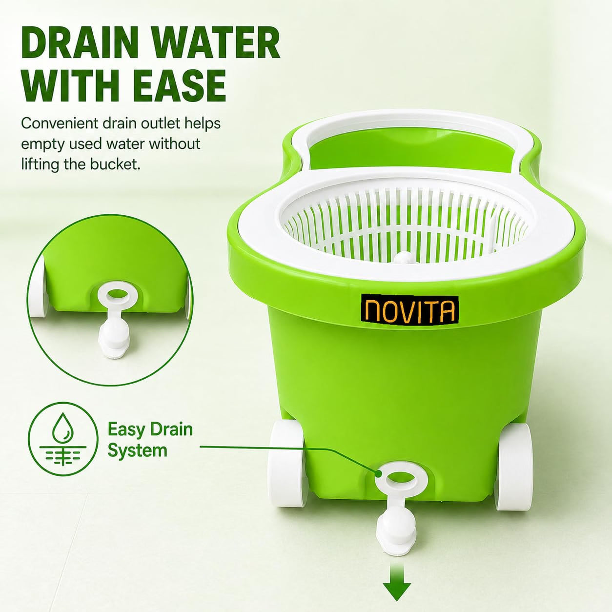 Novita 360° Spin Mop Bucket Set | Plastic Jali with Heavy Smart System | Easy Rinse | Telescopic Microfiber Mop |1+1 Refill | Pocha | Big Wheels | Removes Over 99%* Bacteria- (Green)