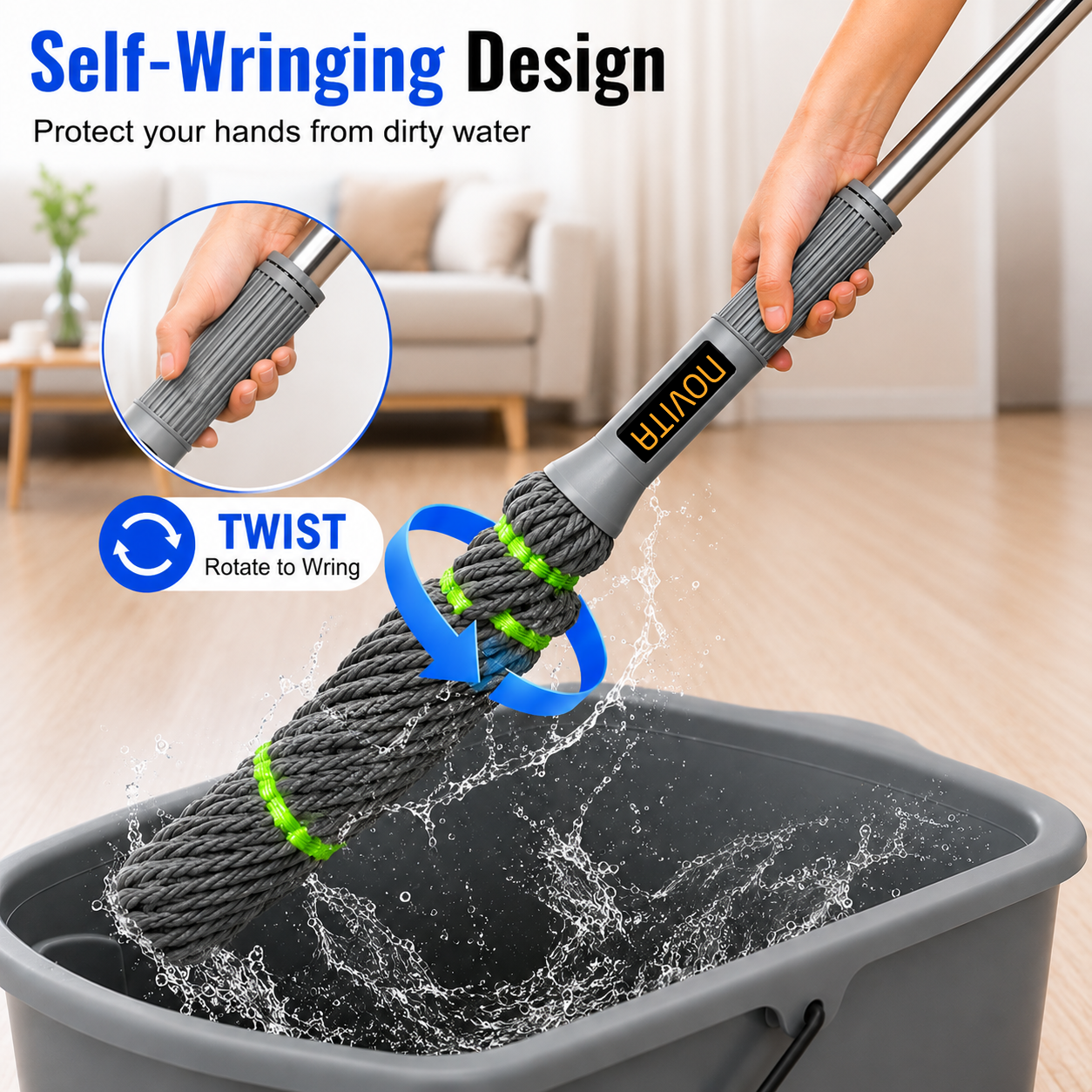 Novita Self-Wringing Twist Mop – Easy Squeeze Floor Cleaner with 360 Degree Rotation, Extendable Stainless Steel Long Handle & Super Absorbent Microfiber Heads for Home & Office Floor Cleaning