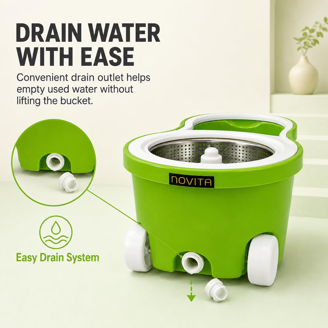 Novita 360° Spin Mop Bucket Set | Steel Jali with Heavy Smart System | Easy Rinse | Telescopic Microfiber Mop |1+1 Refill | Pocha | Big Wheels | Removes Over 99%* Bacteria- (Green)