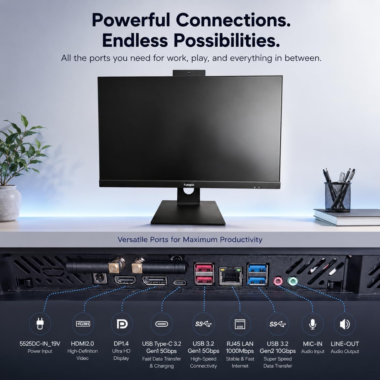 FUTOPIA A111261 All-in-One Desktop PC | Intel Core i3-14100 | 23.8" Full HD IPS Display | 8GB DDR4 RAM | 256GB NVMe SSD | Windows 11 Pro | WiFi 6 | Webcam & Mic