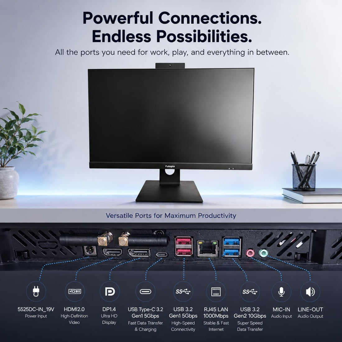 FUTOPIA A111261 All-in-One Desktop PC | Intel Core i3-14100 | 23.8" Full HD IPS Display | 8GB DDR4 RAM | 256GB NVMe SSD | Windows 11 Pro | WiFi 6 | Webcam & Mic