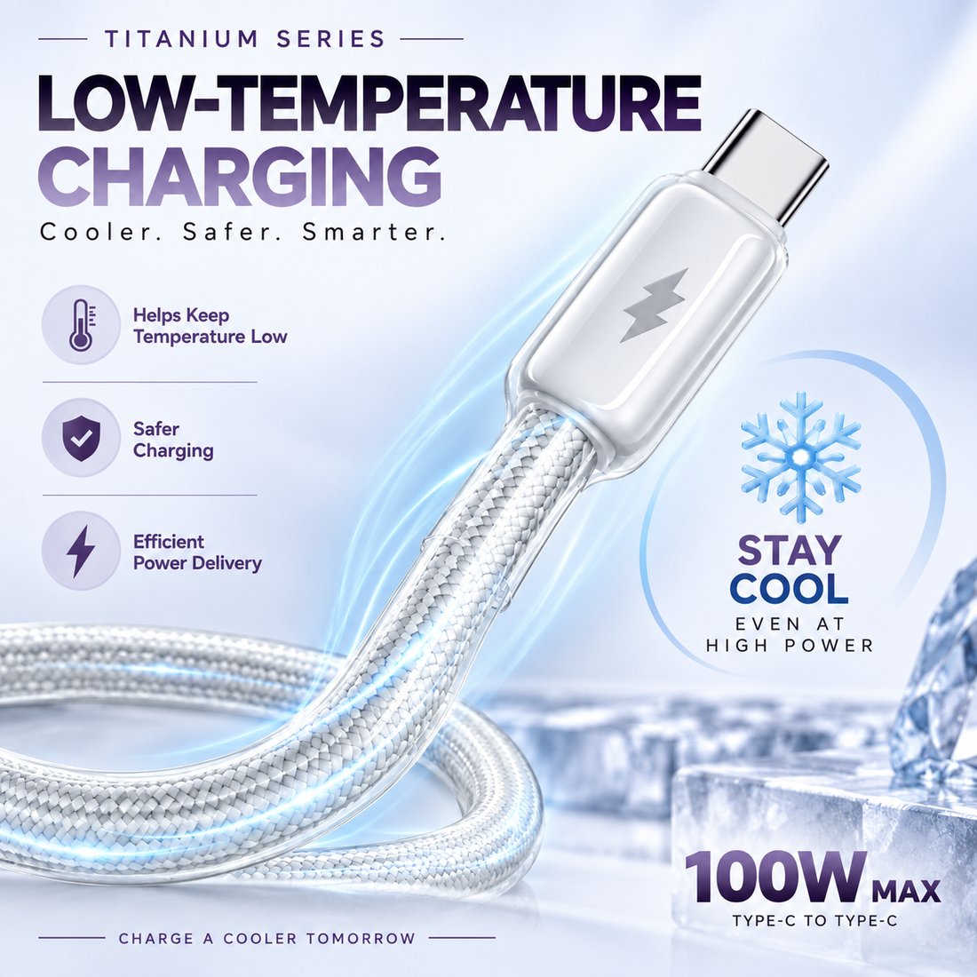 Futopia Titanium Series Low-Temperature Crystal Cable, Type-C to Type-C 100W Fast Charging, Compatible with iPhone 15–17 & Android