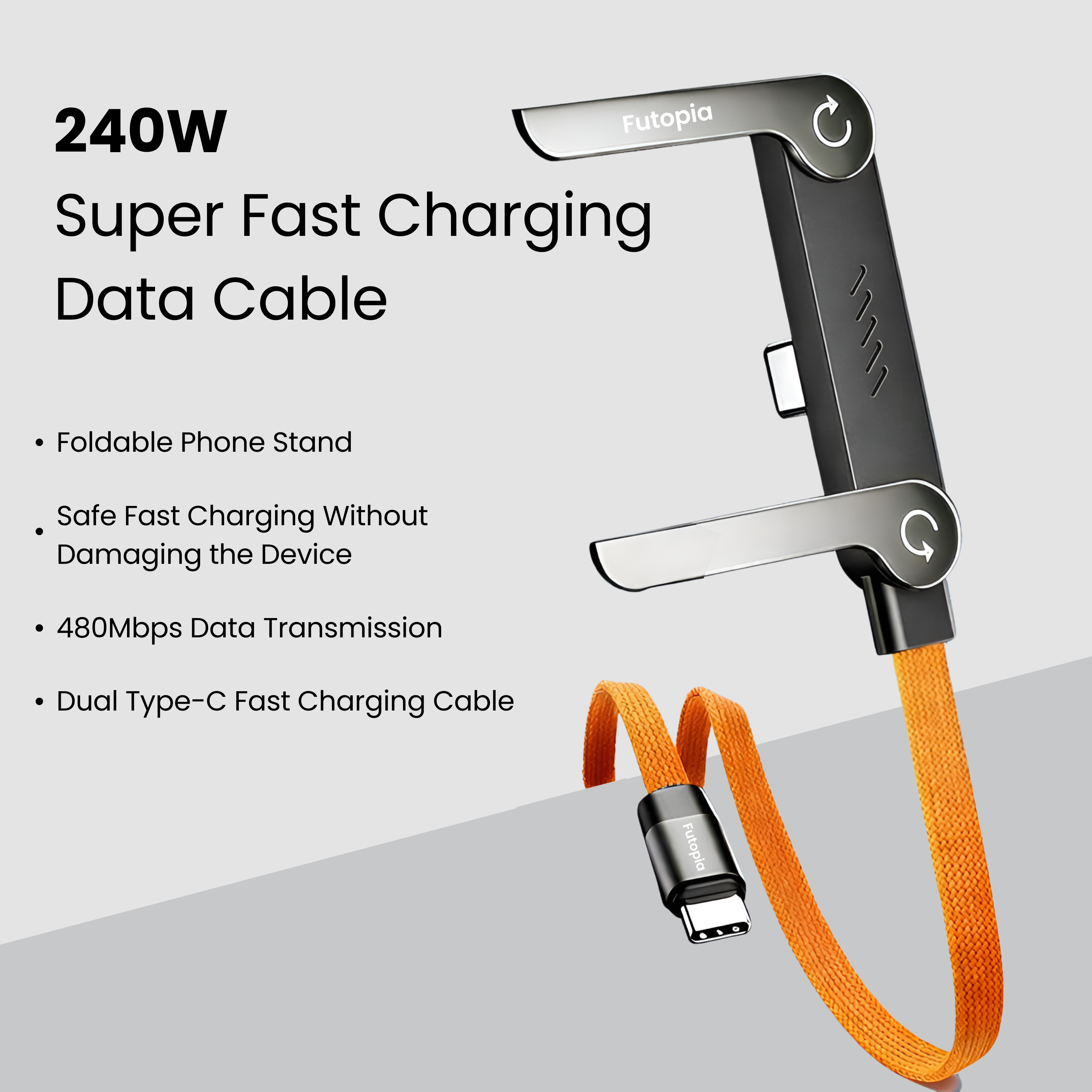 Futopia 2-in-1 240W Fast Charging type-C to type-c Cable with Built-in Adjustable Metal Invisible holder Phone Stand | 1.5m Durable Braided Cable for Smartphones, Tablets, Laptops, Gaming- Orange