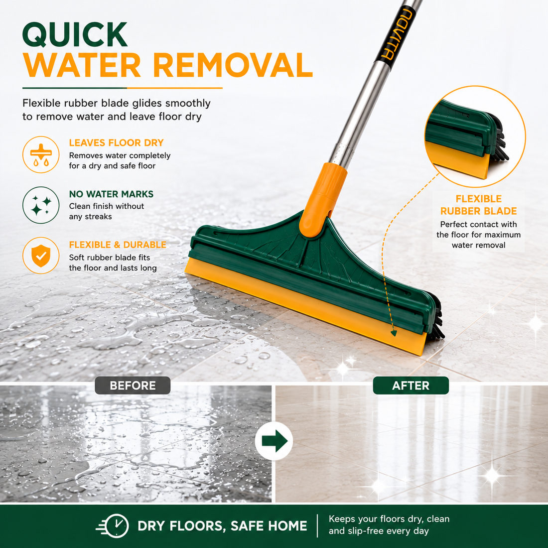 Novita 3-in-1 Bathroom Cleaning Brush with Wiper, Long Handle 180° Rotating Floor Scrub Brush, Hard Bristle Tile & Toilet Cleaning Brush for Bathroom, Kitchen